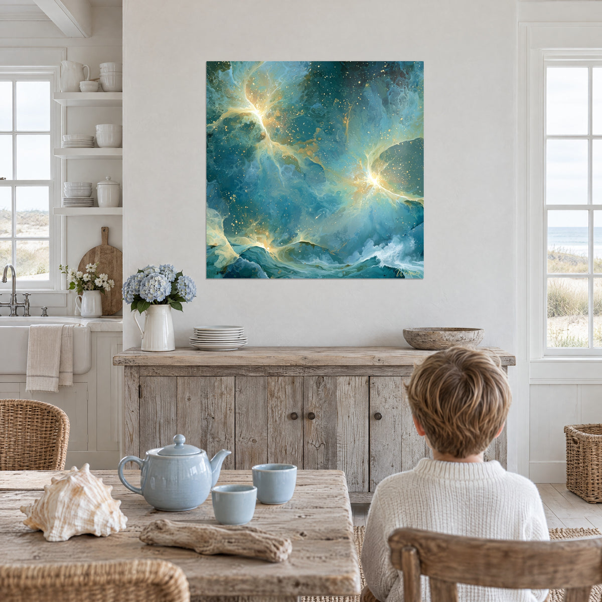 Gemälde flüssige Milchstraße in Meergrün und Bernstein, goldene Spritzer, an der Wand einer Küche am Meer, Kind von hinten
