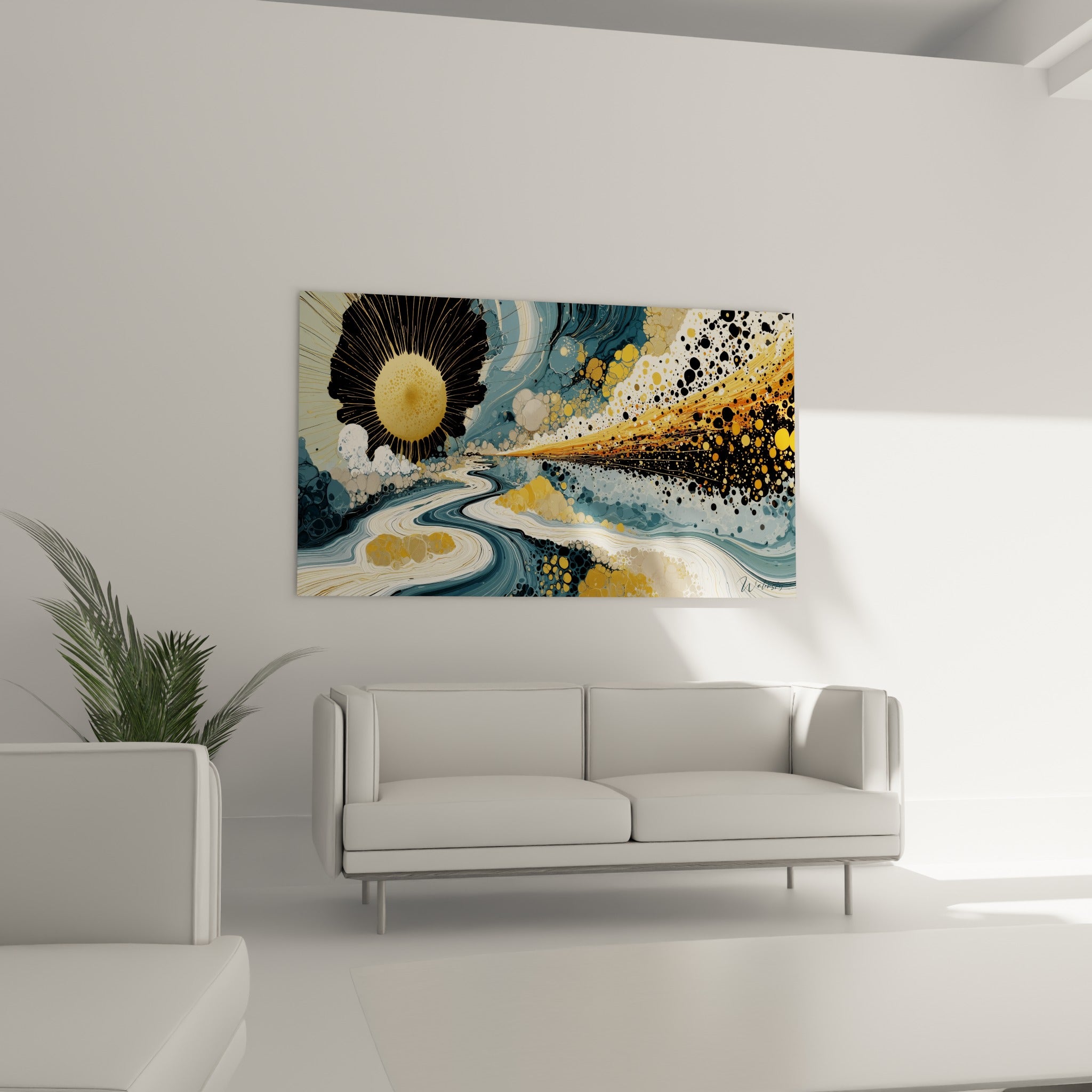 Éclats dorés et noirs entourant une rivière fluide, disposés au-dessus d'un canapé dans un salon lumineux