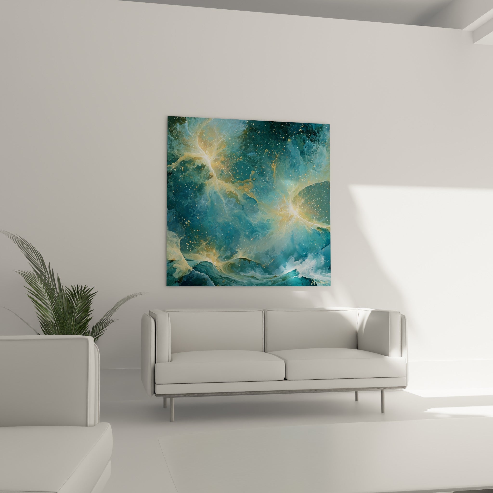 Vagues et lumières célestes en bleu marine et ocre au-dessus d'un canapé dans un salon lumineux
