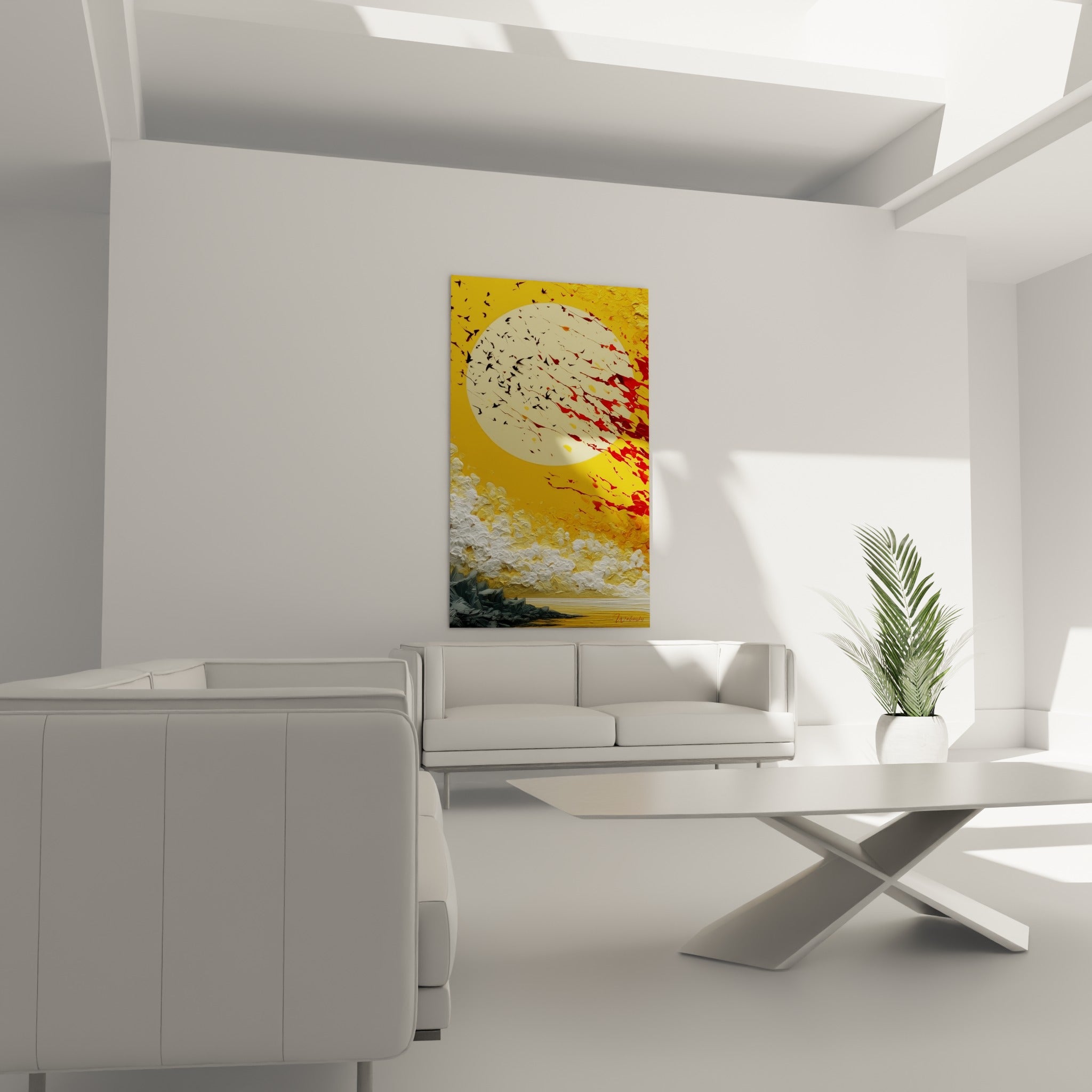 Lune dorée et volée d'oiseaux composent ce tableau artistique abstrait, au-dessus d'un canapé dans un salon lumineux