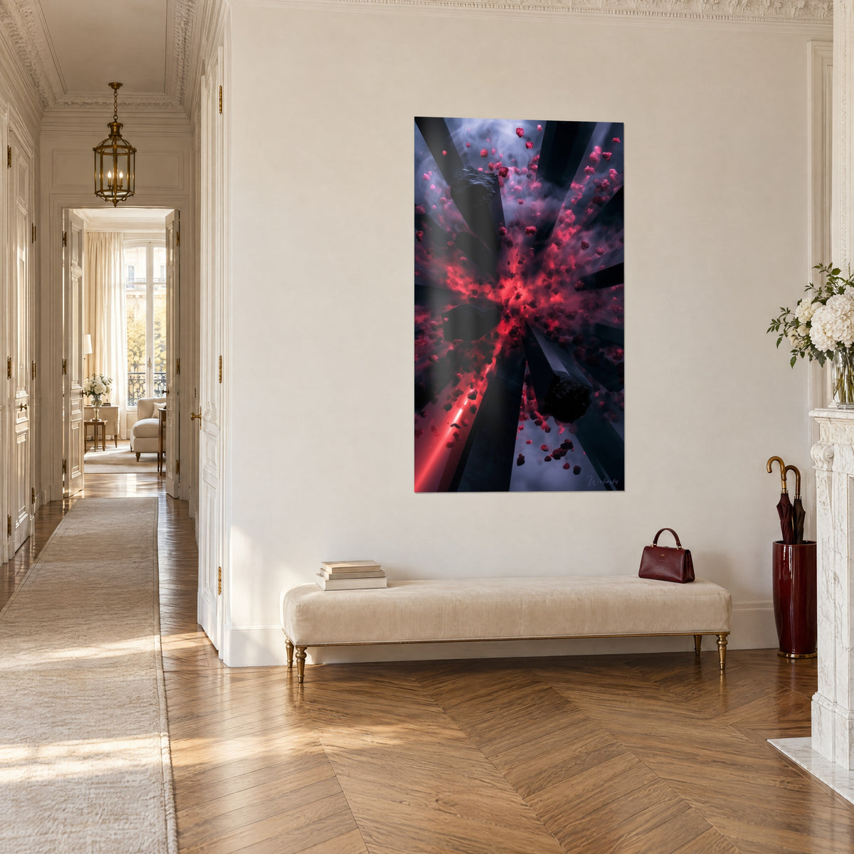 Quadro esplosione rocciosa su uno sfondo di fumo viola, schegge rubino e colonne nere, vista di tre quarti, corridoio in stile haussmanniano