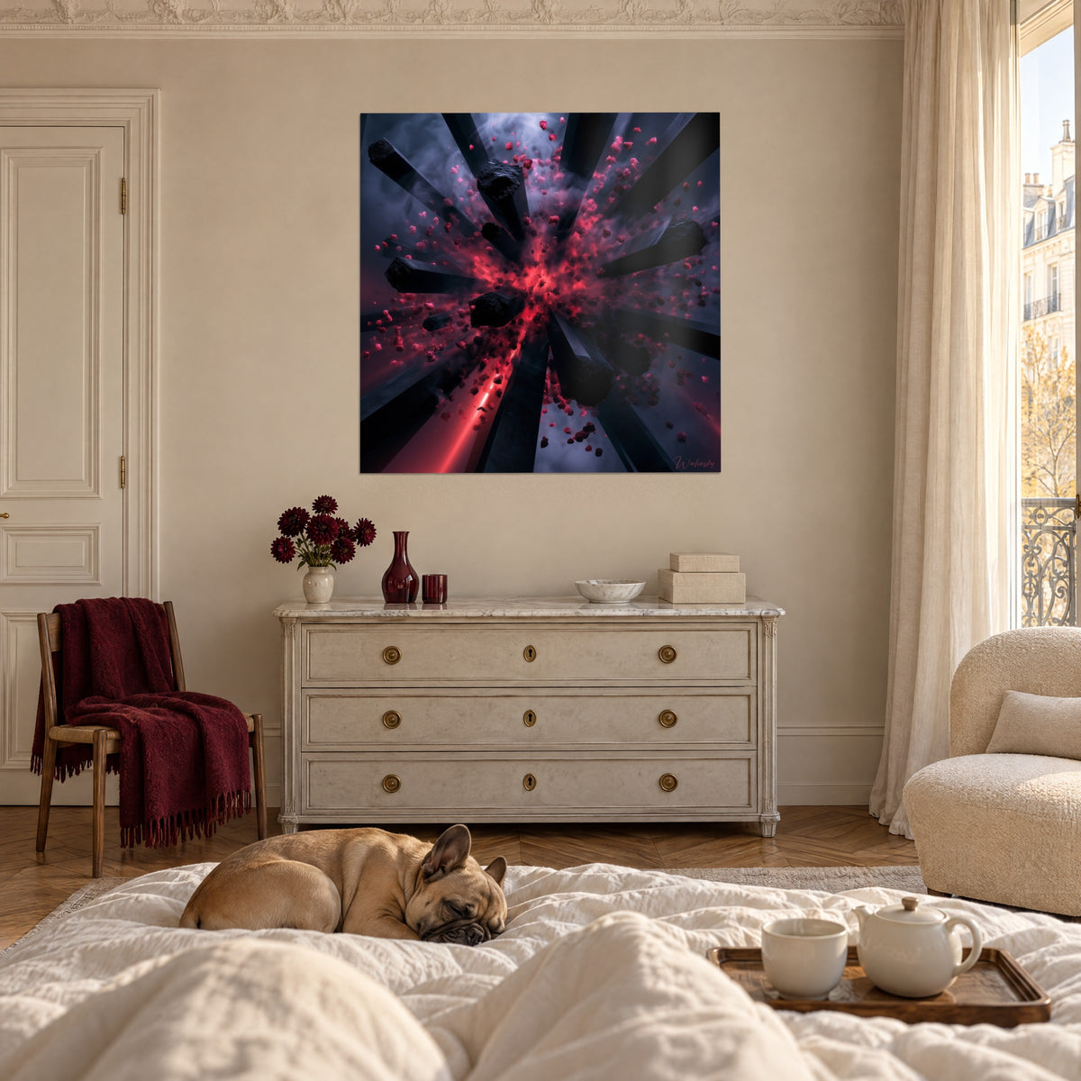Wall art ruby shards scattered between charcoal columns, bulldog lying on the bed, above a bed in a bright bedroom