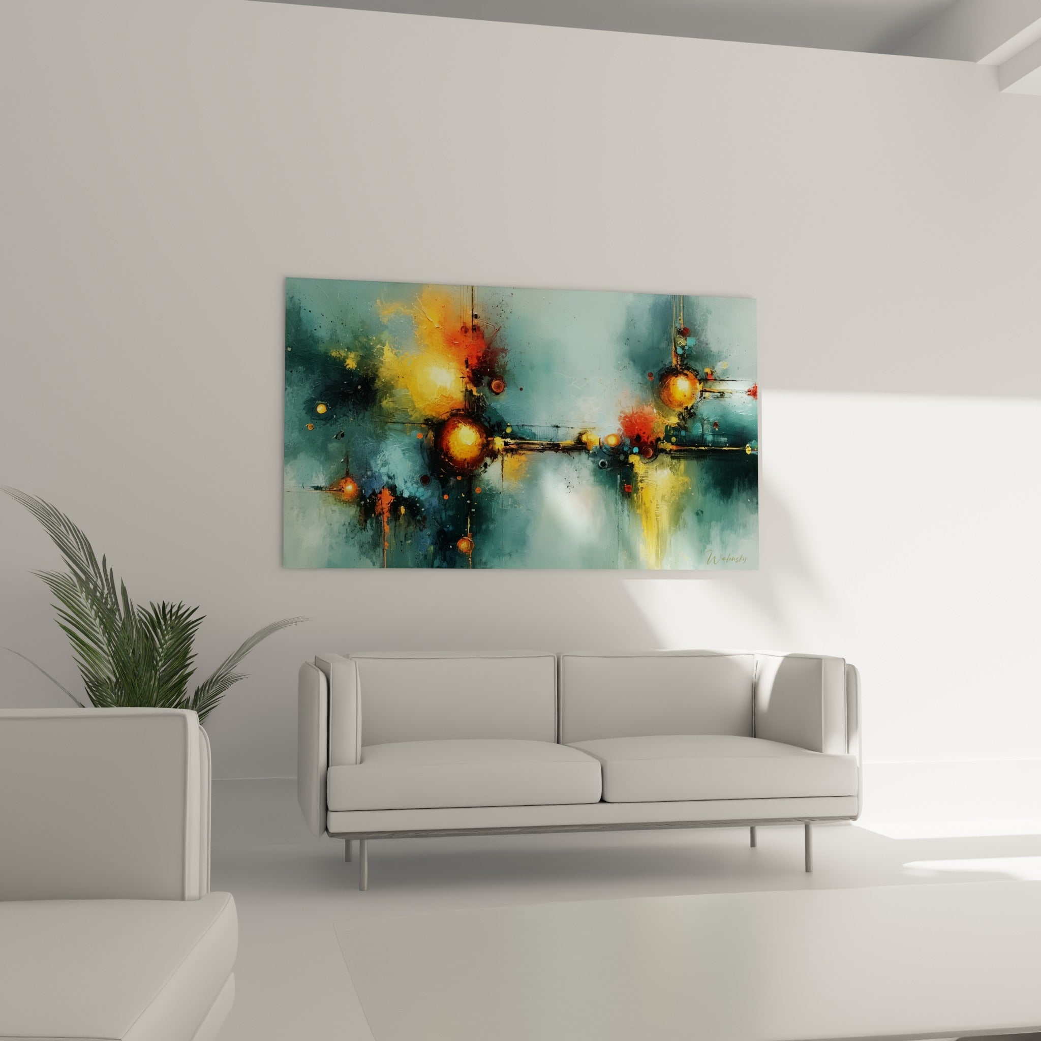 Halos dorés et coulures terracotta d'une composition abstraite au-dessus d'un canapé dans un salon lumineux