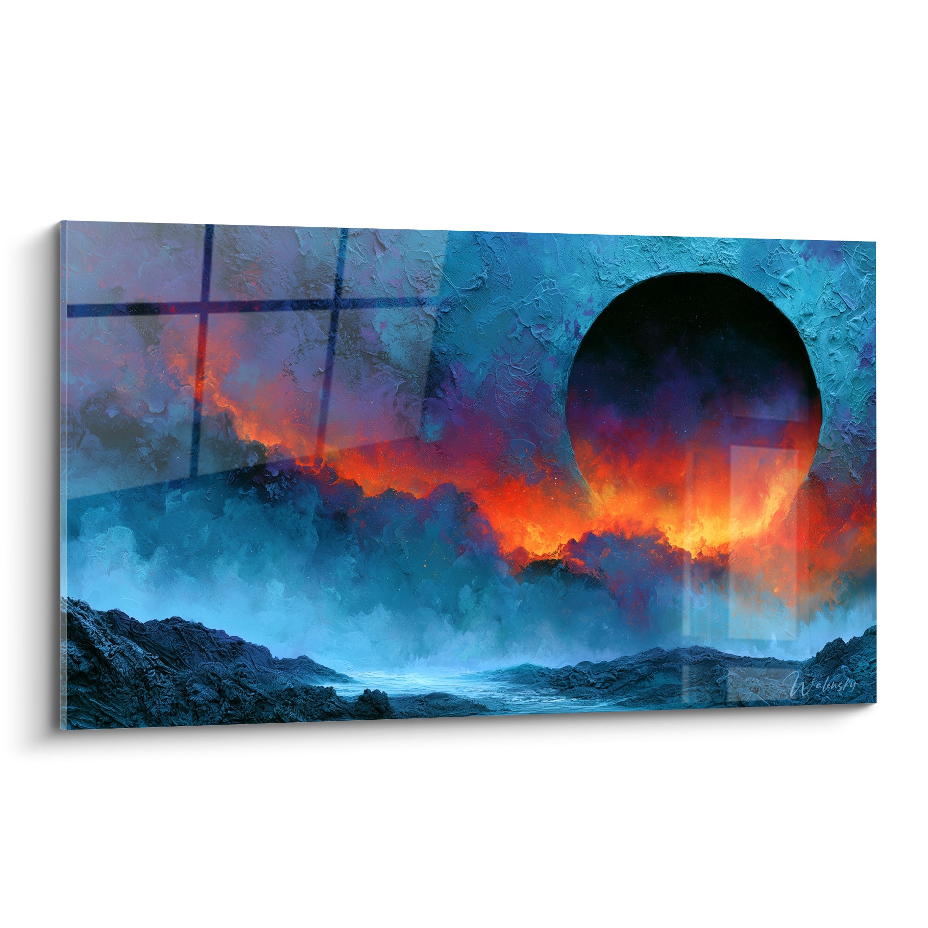 Sphère noire cerclée de flammes orangées sur fond bleu marine texturé, tableau artistique abstrait cosmique