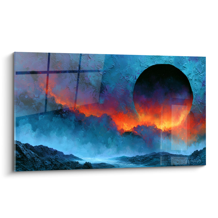 Gemälde Schwarzes Sonnenfinsternis mit leuchtend blau und orange Wolken - Portal der Dunkelheit - Künstlerische Edition abstrakt