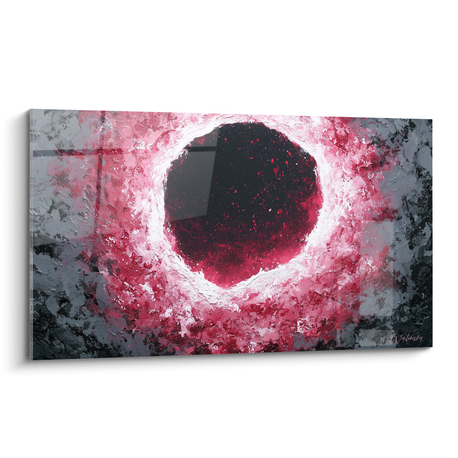 Gemälde Eclipse rot und anthrazitfarben strukturiert - Loch im Material - Künstlerische abstrakte Edition