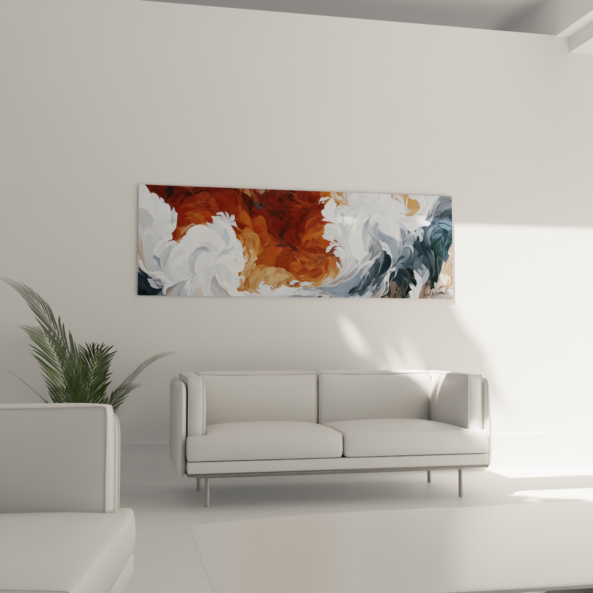 Masse orangée cernée d'écume blanche et anthracite, suspendue au-dessus d'un canapé dans un salon lumineux