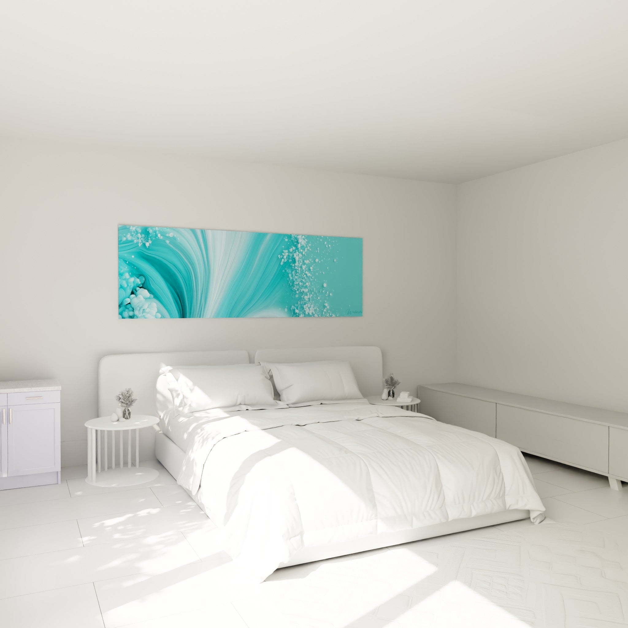 Volutes bleu-vert et écume perlée d'un tableau artistique abstrait au-dessus d'un lit dans une chambre claire