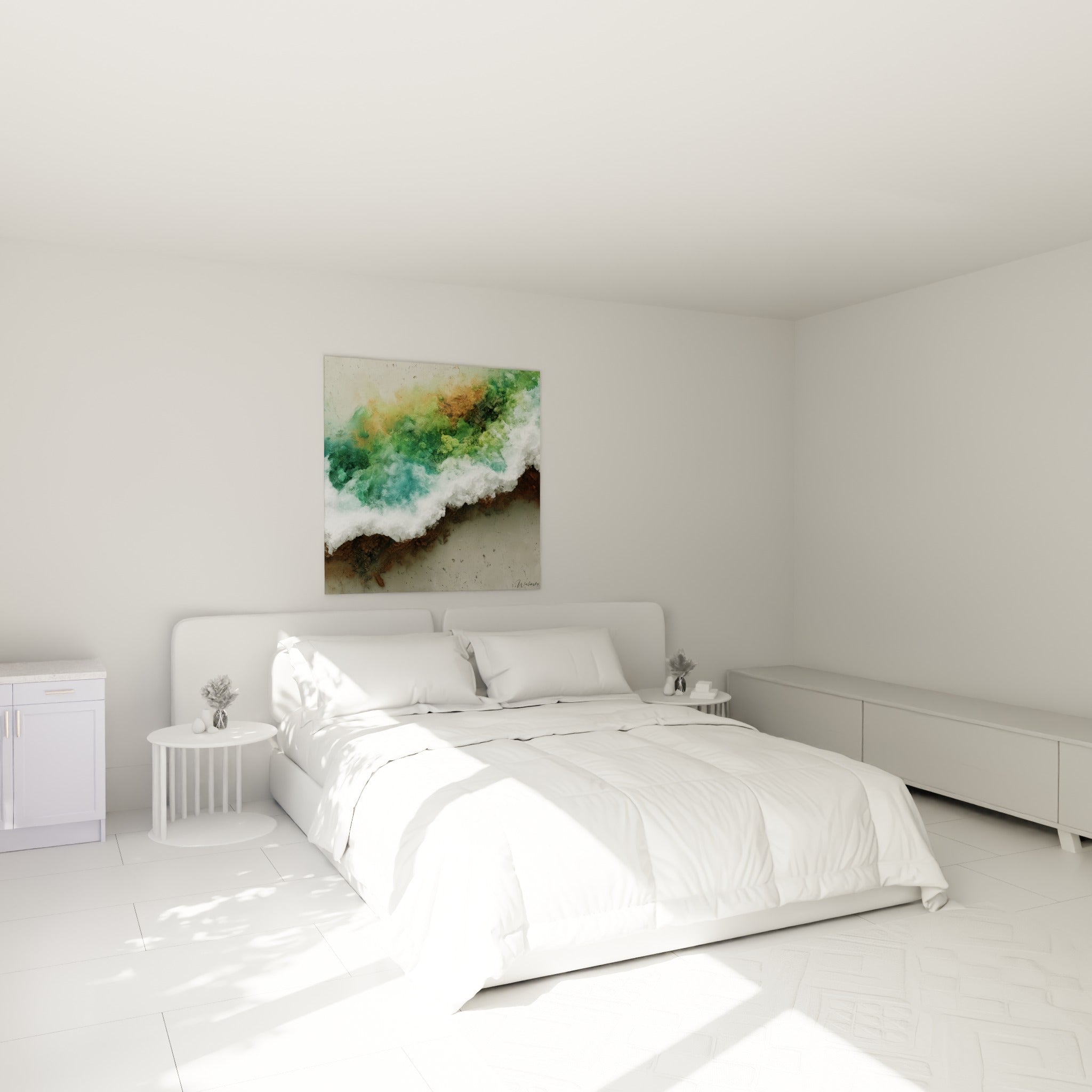 Composition abstraite vert émeraude et brun terreux, écume blanche, au-dessus d'un lit dans une chambre claire