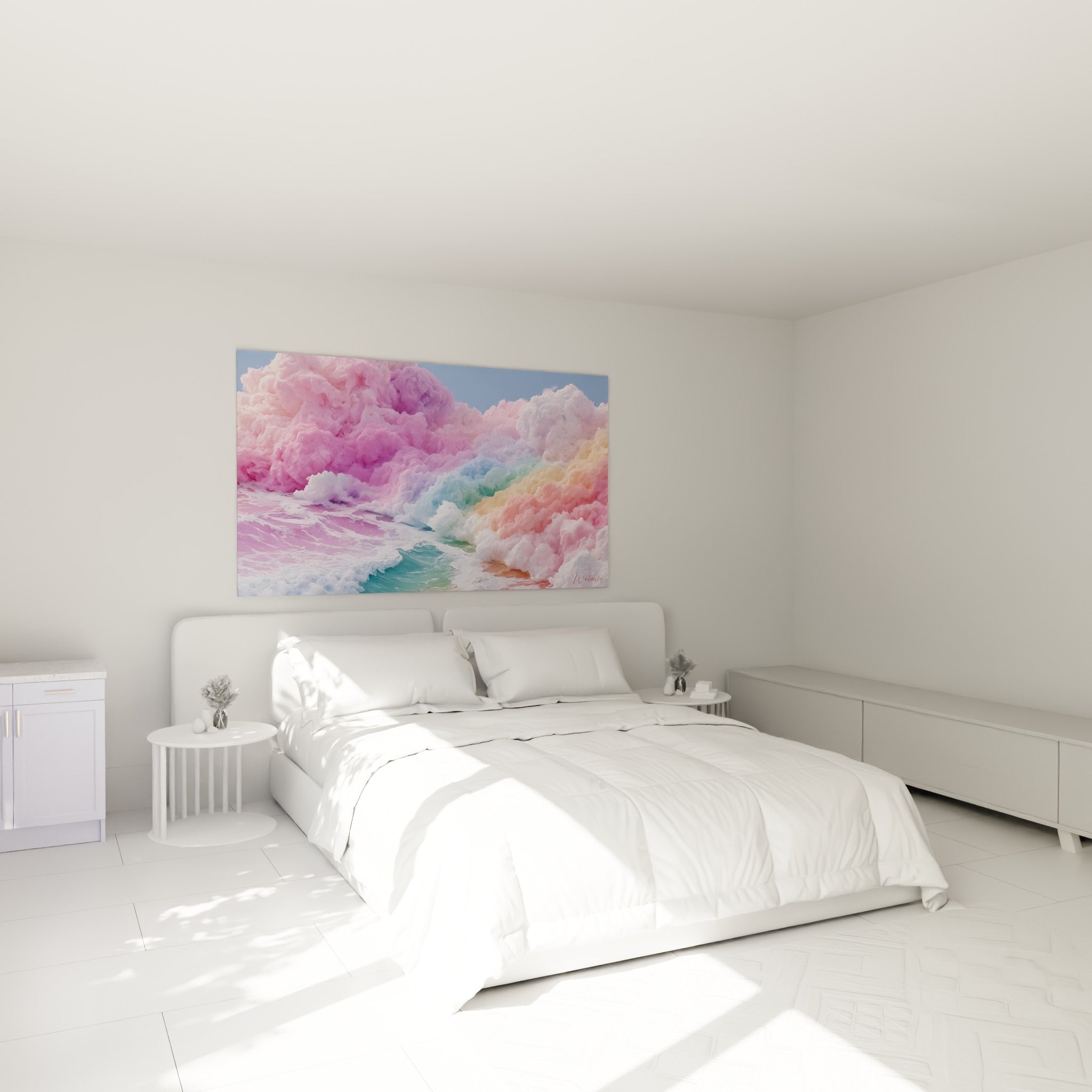 Vague pastel rose et turquoise en écume cotonneuse, accrochée au-dessus d'un lit dans une chambre claire