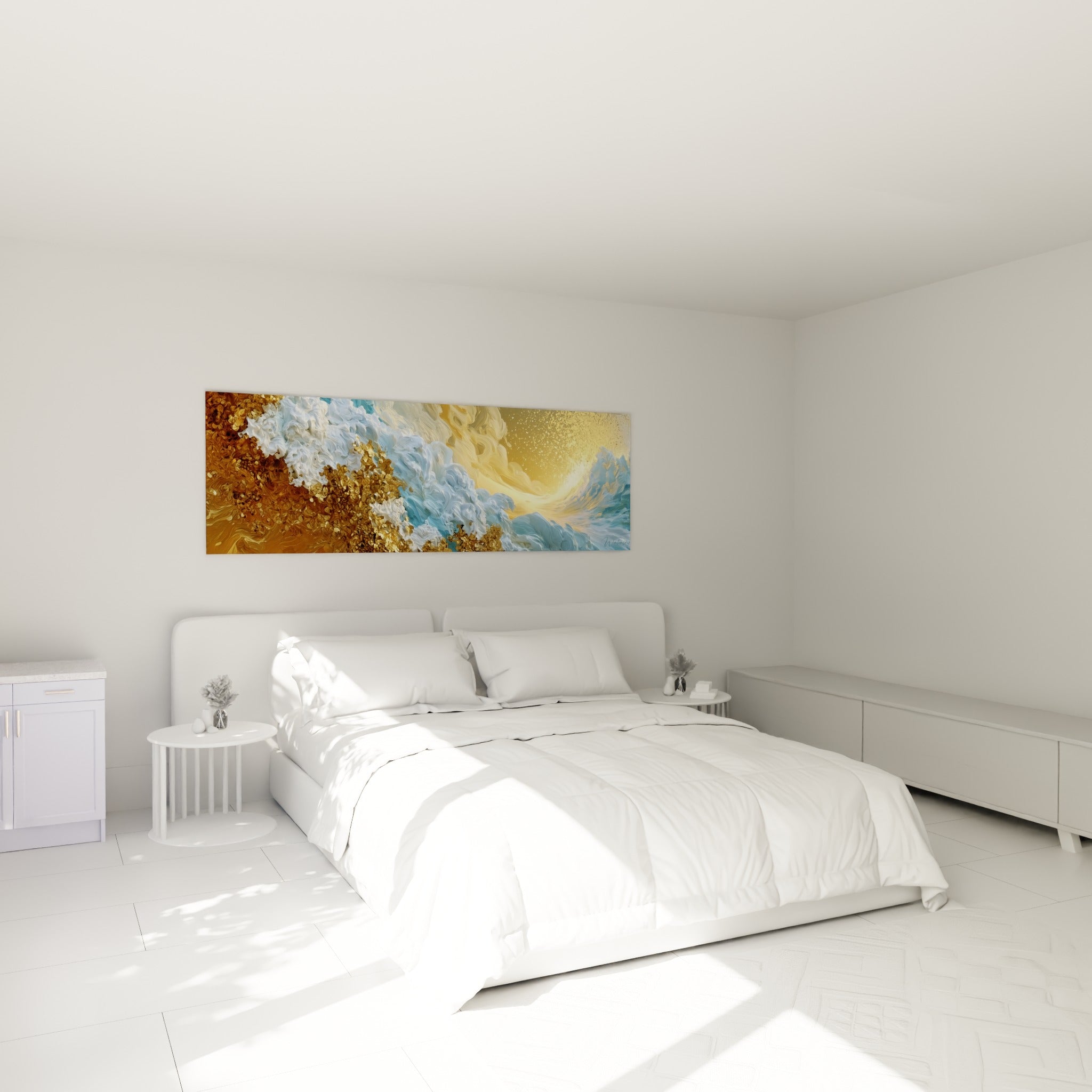 Écume dorée et bleu pastel figée en mouvement, accrochée au-dessus d'un lit dans une chambre claire