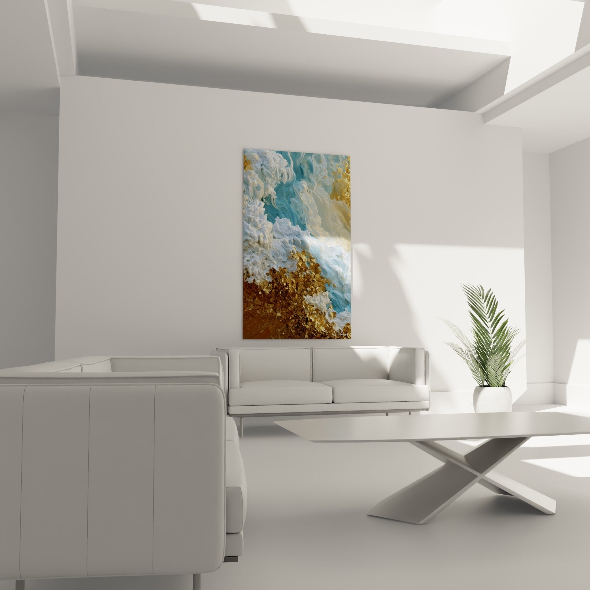 Écume blanche et éclats dorés en relief, suspendus au-dessus d'un canapé dans un salon lumineux