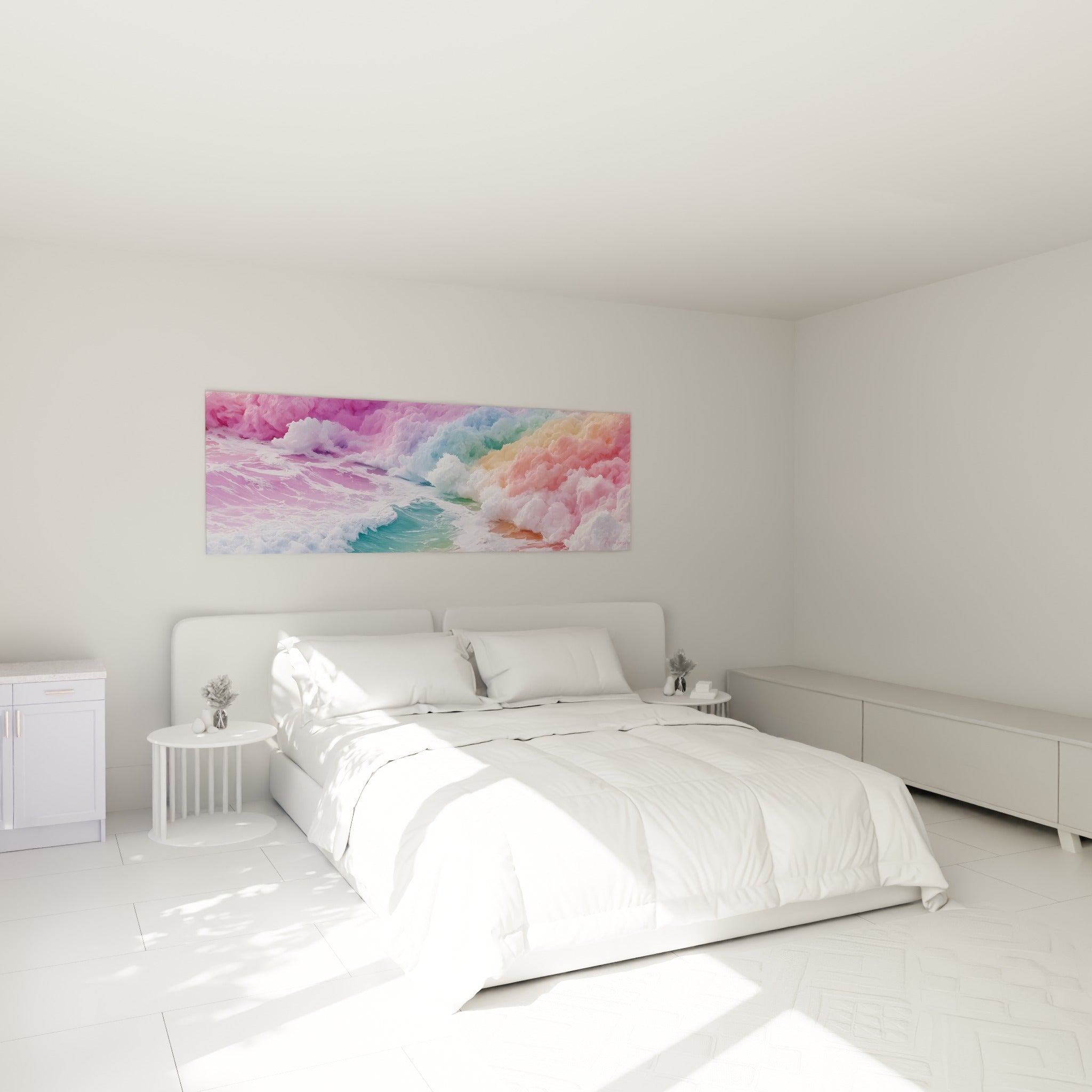 Écume rose et lavande sculptée en vagues, tableau accroché au-dessus d'un lit dans une chambre claire