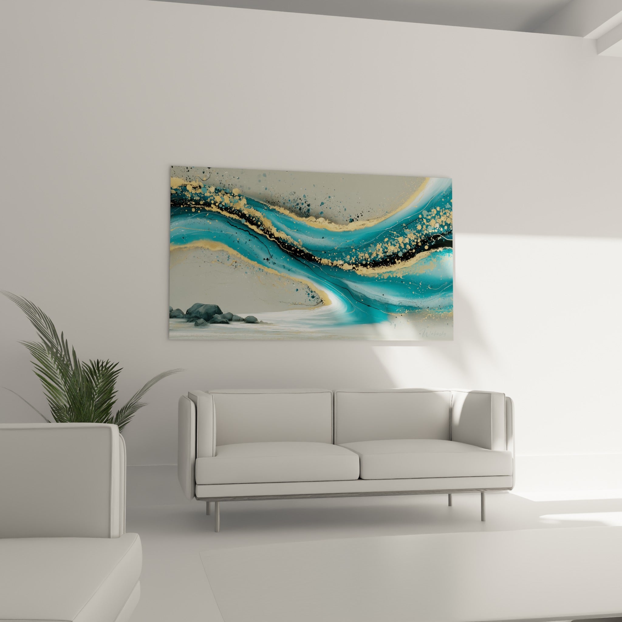 Courbe fluide bleu turquoise et paillettes dorées sur fond gris, suspendue au-dessus d'un canapé dans un salon lumineux