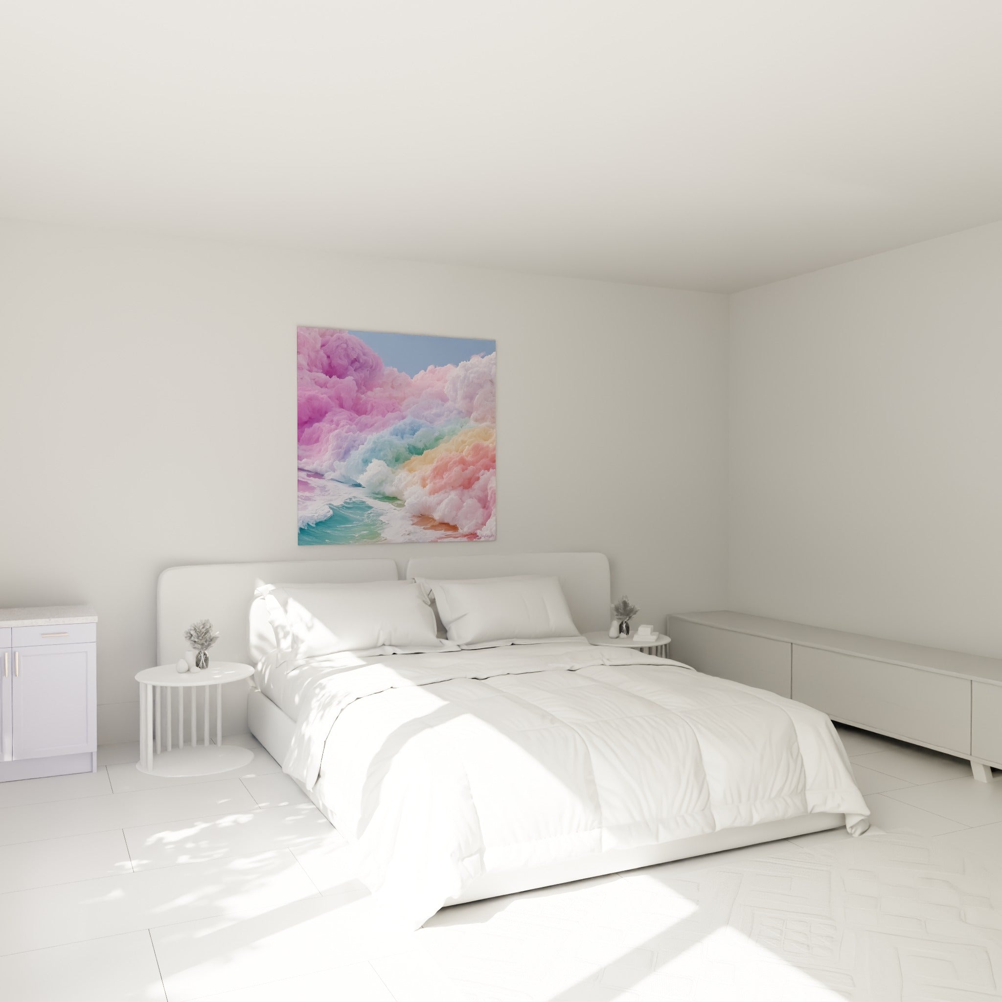 Écume rose et turquoise figée en pleine houle, accrochée au-dessus d'un lit dans une chambre claire