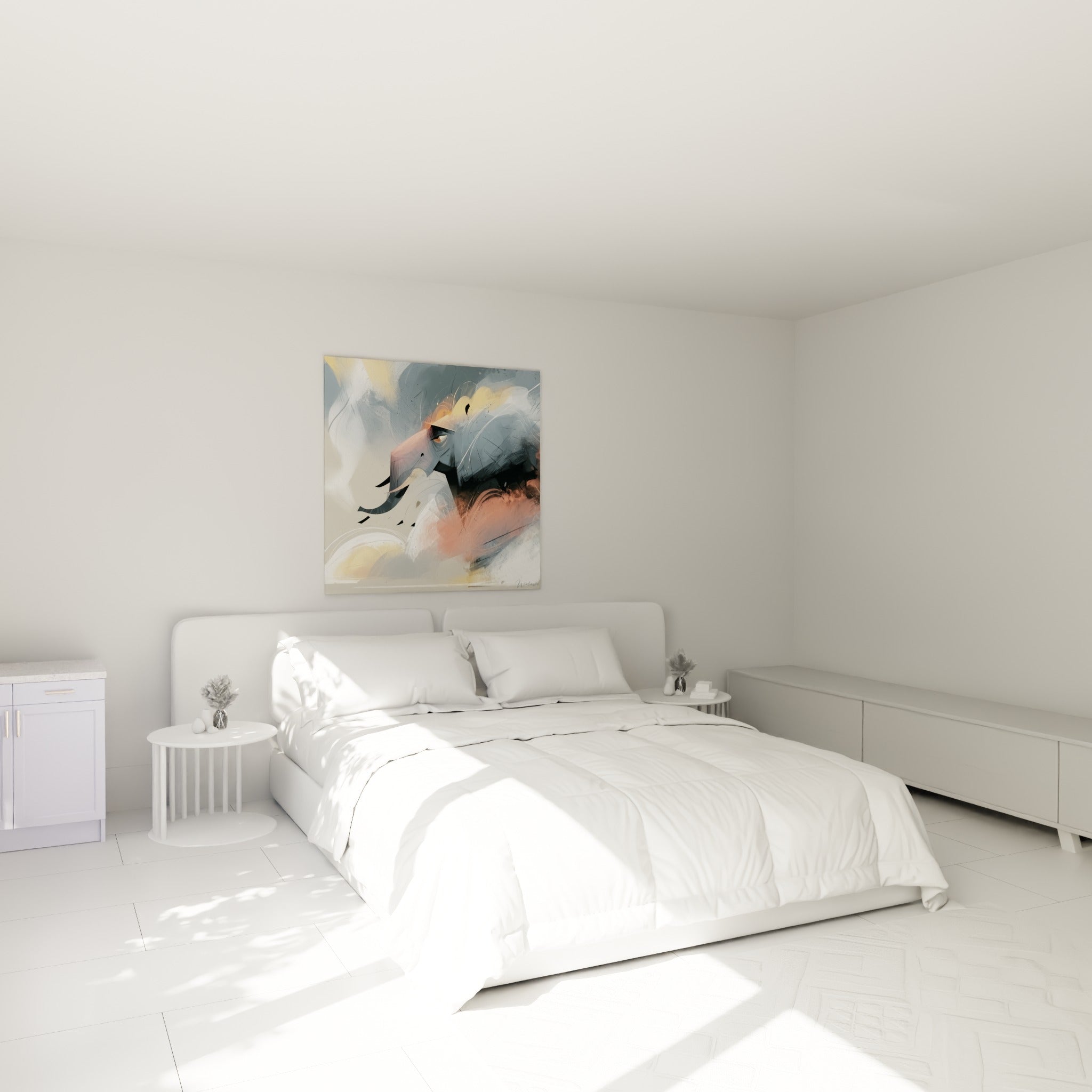 Tête d'éléphant gris anthracite aux reflets terracotta, accrochée au-dessus d'un lit dans une chambre claire