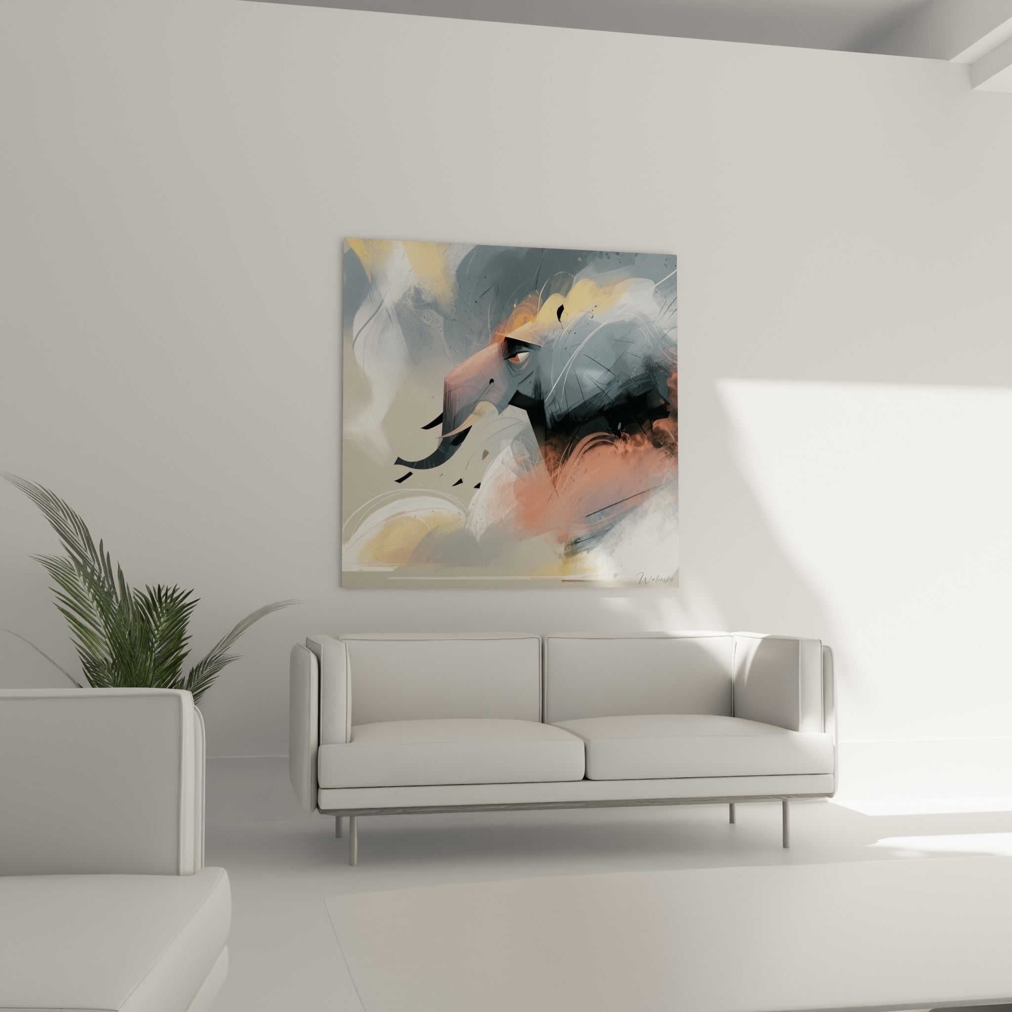 Profil d'éléphant traité en touches picturales grises et ocre, au-dessus d'un canapé dans un salon lumineux