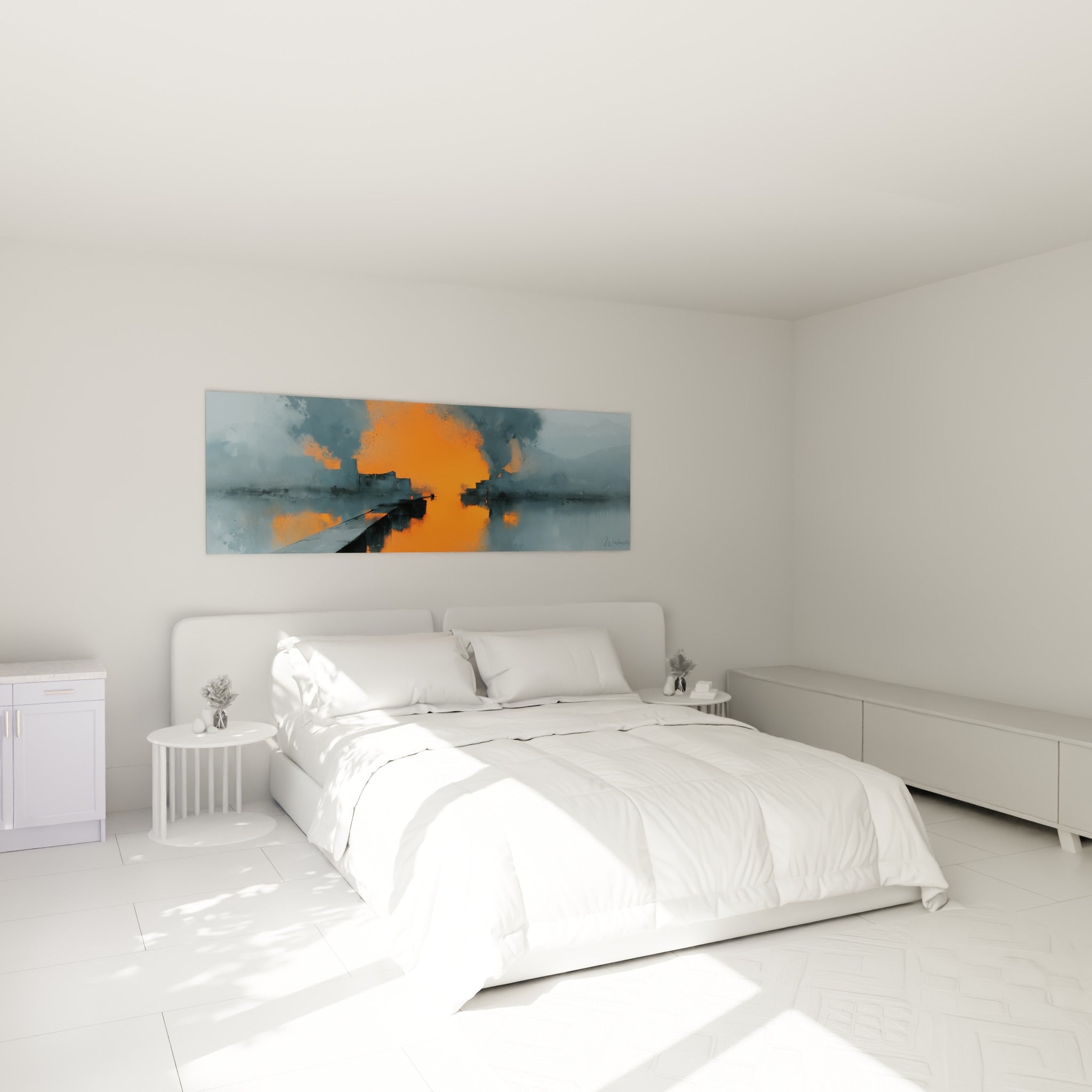 Embrasement orange et ponton bleu gris accrochés au-dessus d'un lit dans une chambre claire