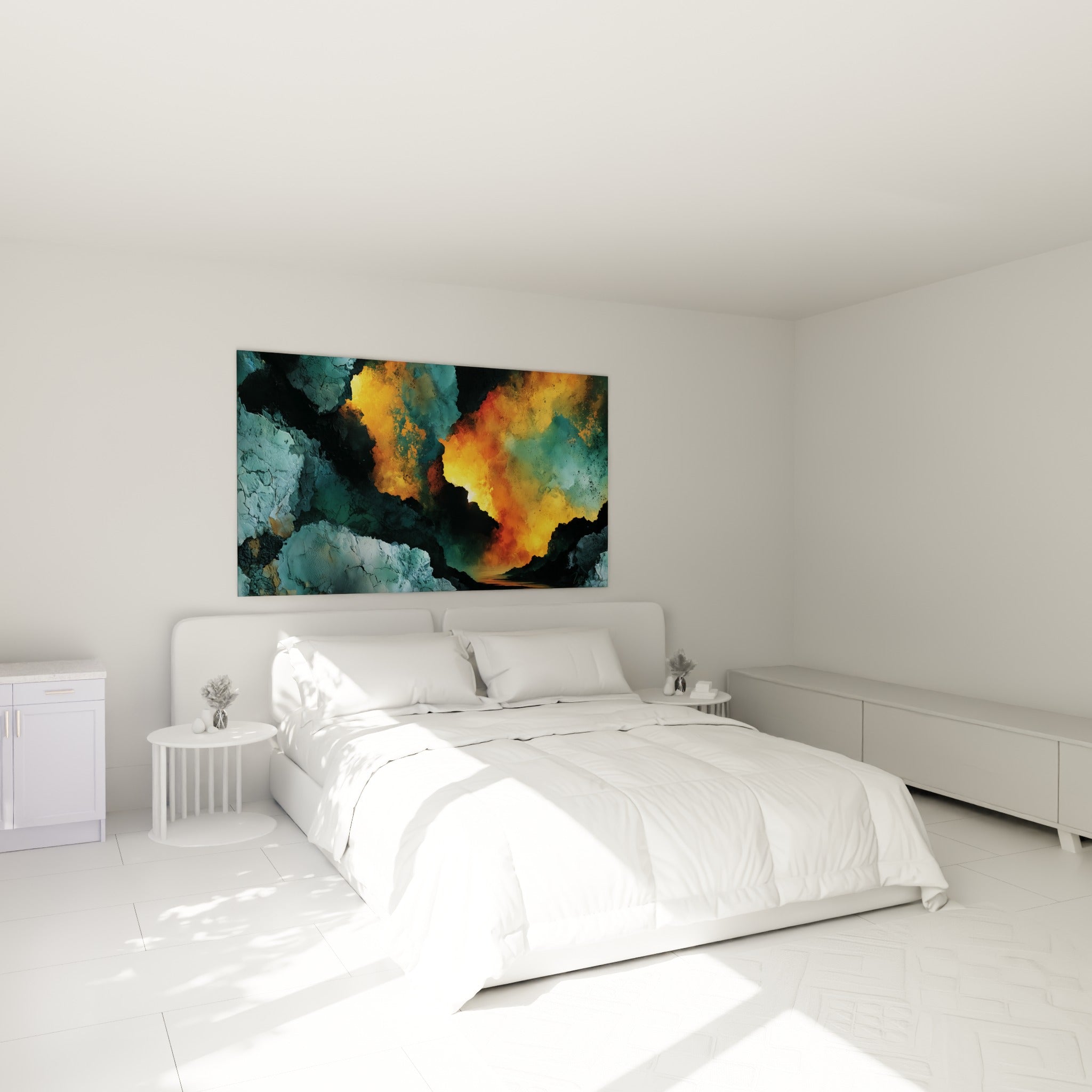 Embrasement doré au cœur d'une roche sarcelle, tableau accroché au-dessus d'un lit dans une chambre claire