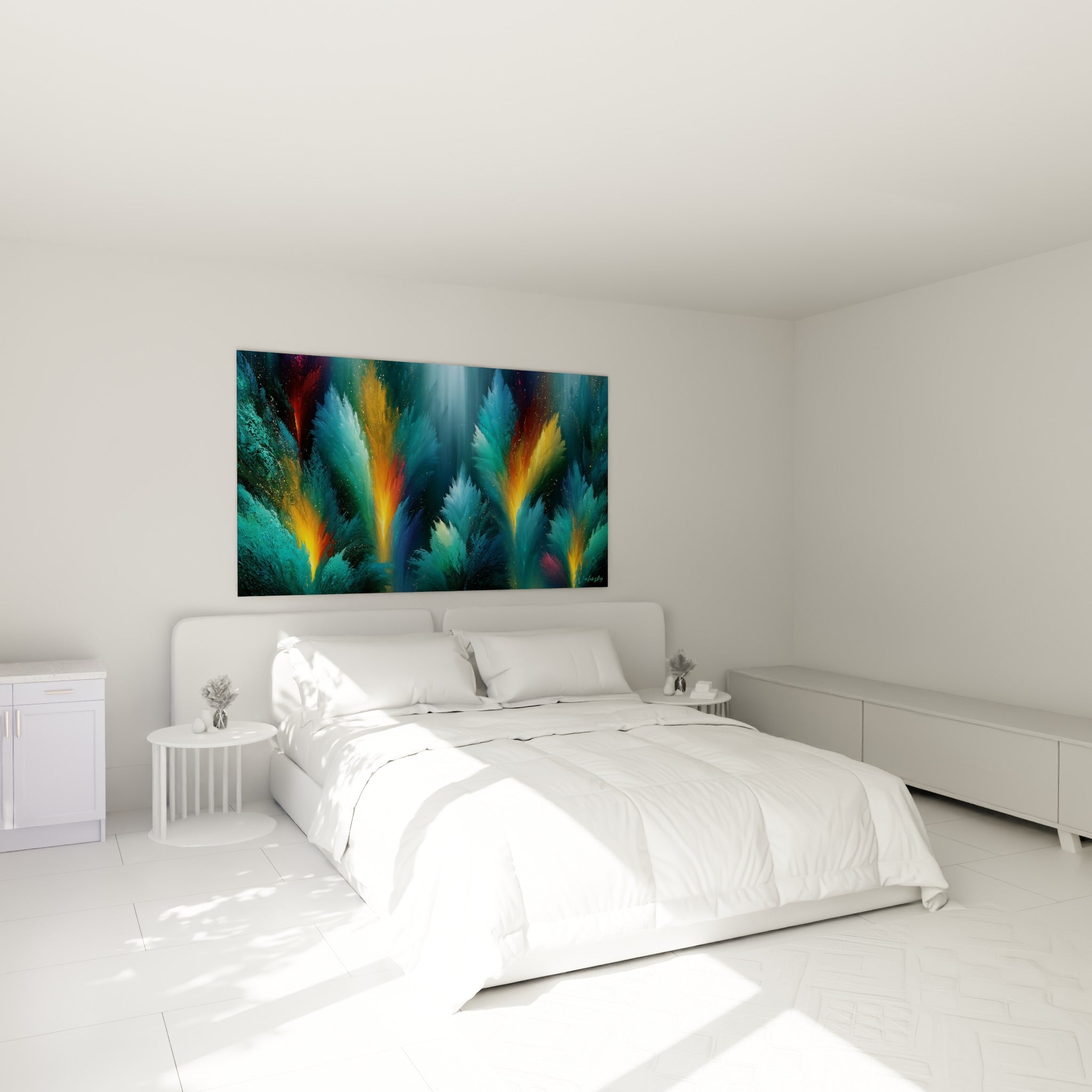 Jaillissements orangés et turquoise de ce tableau artistique abstrait, accroché au-dessus d'un lit dans une chambre claire
