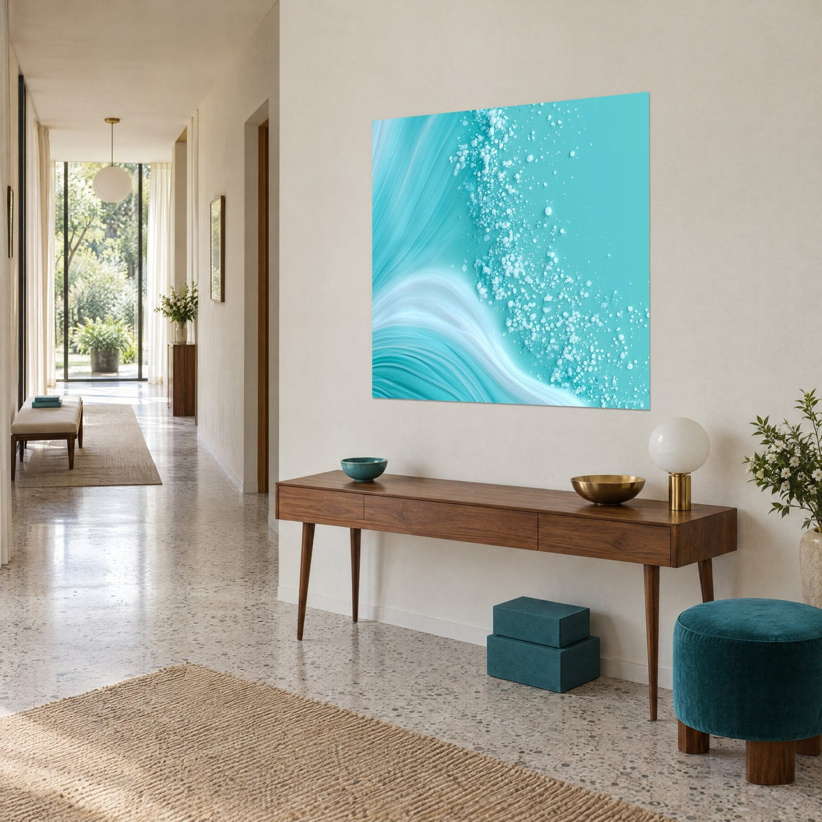 Tableau écume du large en stries aigue-marine et blanc laiteux, perles d'embruns, sur un mur beige d'entrée