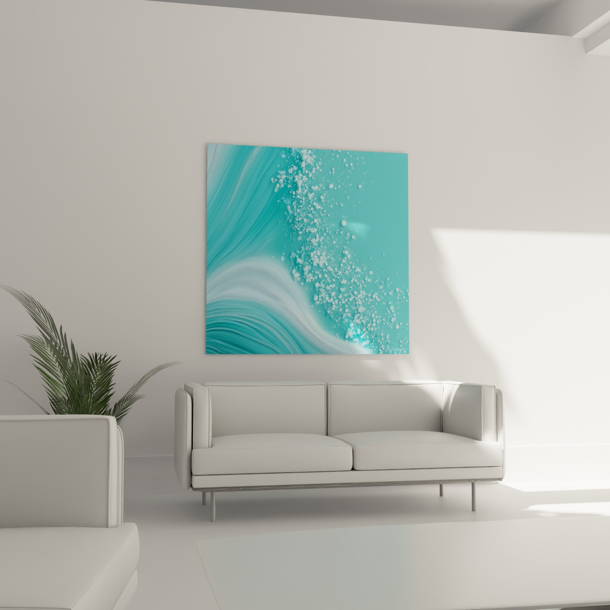 Volutes turquoise et blanches en mouvement, disposées au-dessus d'un canapé dans un salon lumineux