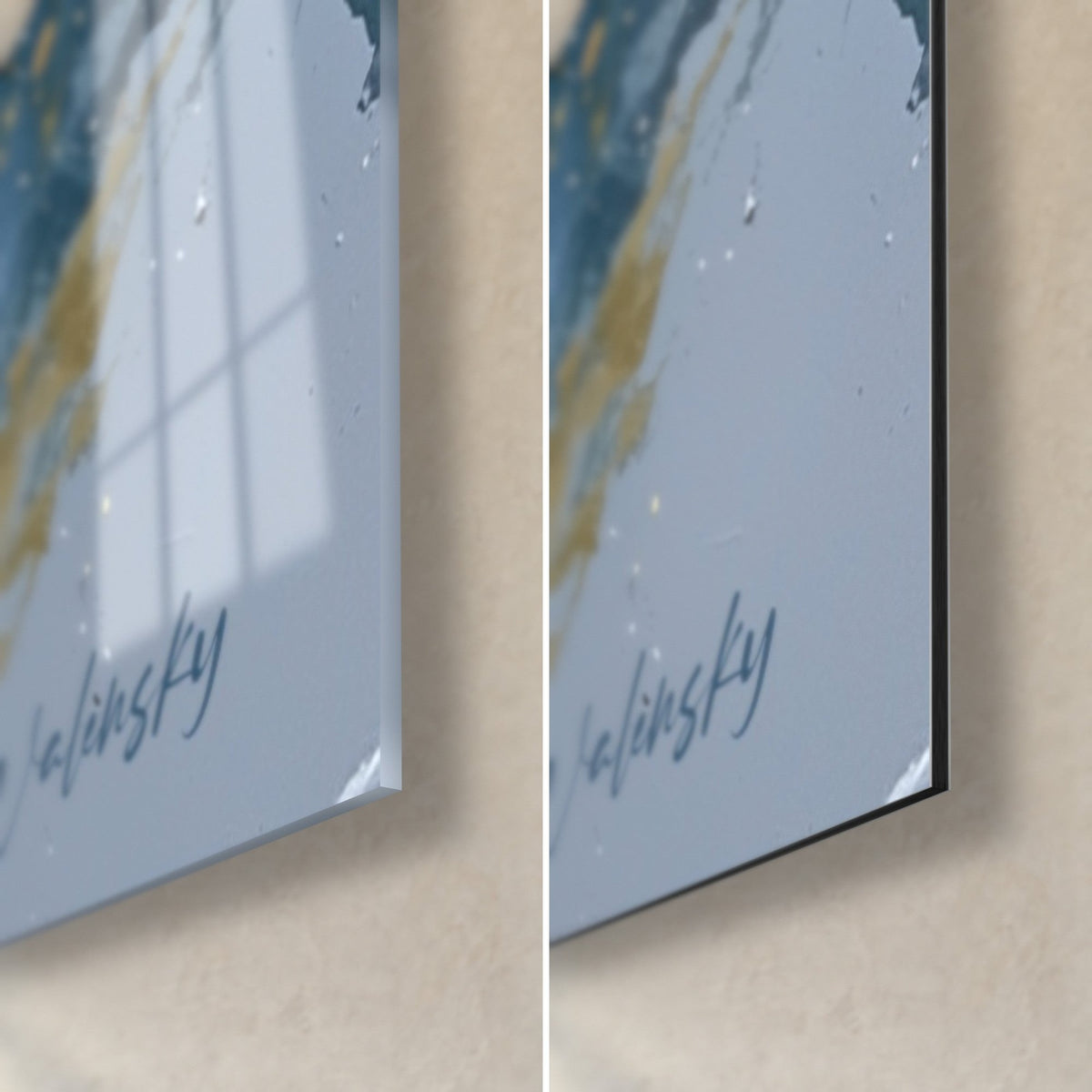 Gemälde abstraktes Auge in Blau und Gold, untere rechte Ecke: glänzendes Acrylglas links, mattschwarzes Alu-Dibond rechts, 3 mm Kante