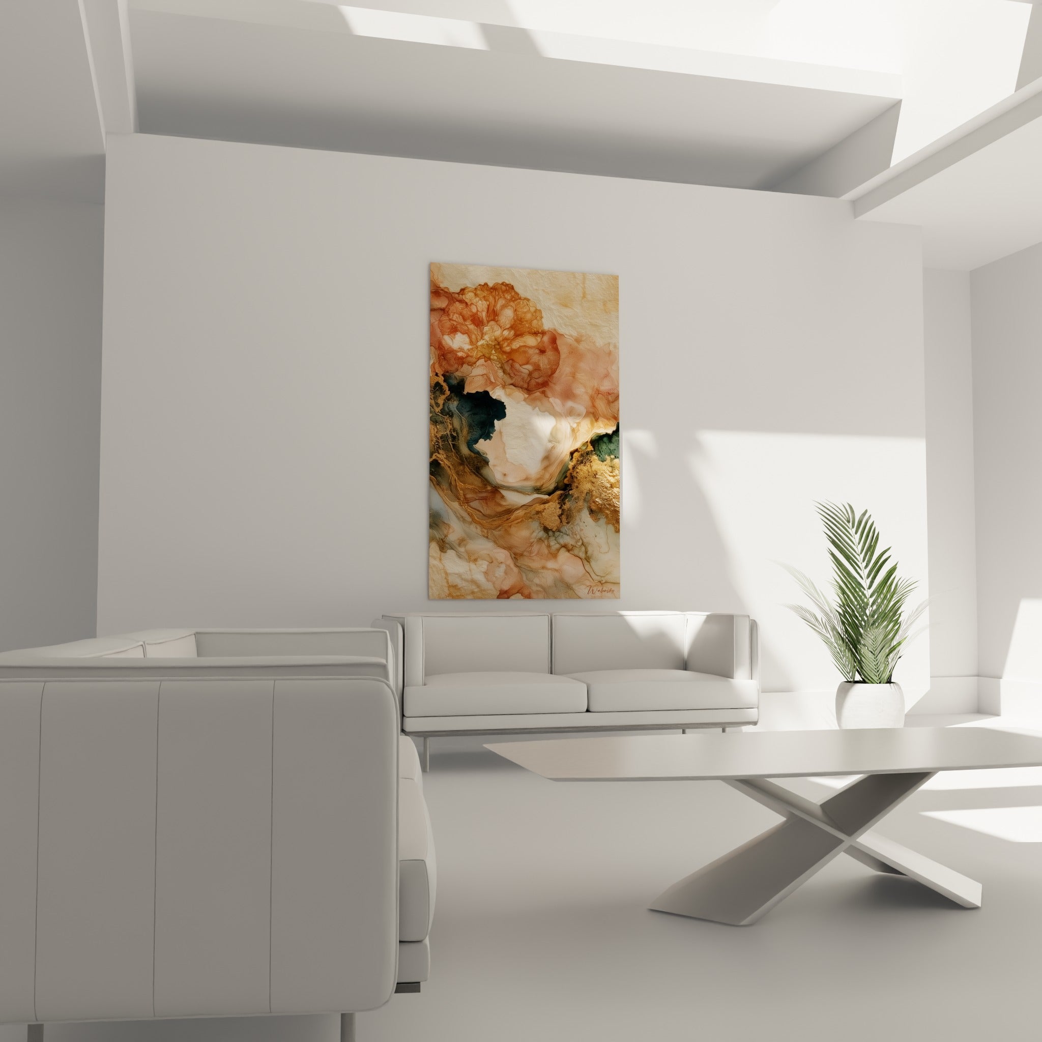 Nuances terracotta, crème et bleu pétrole d'un tableau artistique abstrait au-dessus d'un canapé dans un salon lumineux