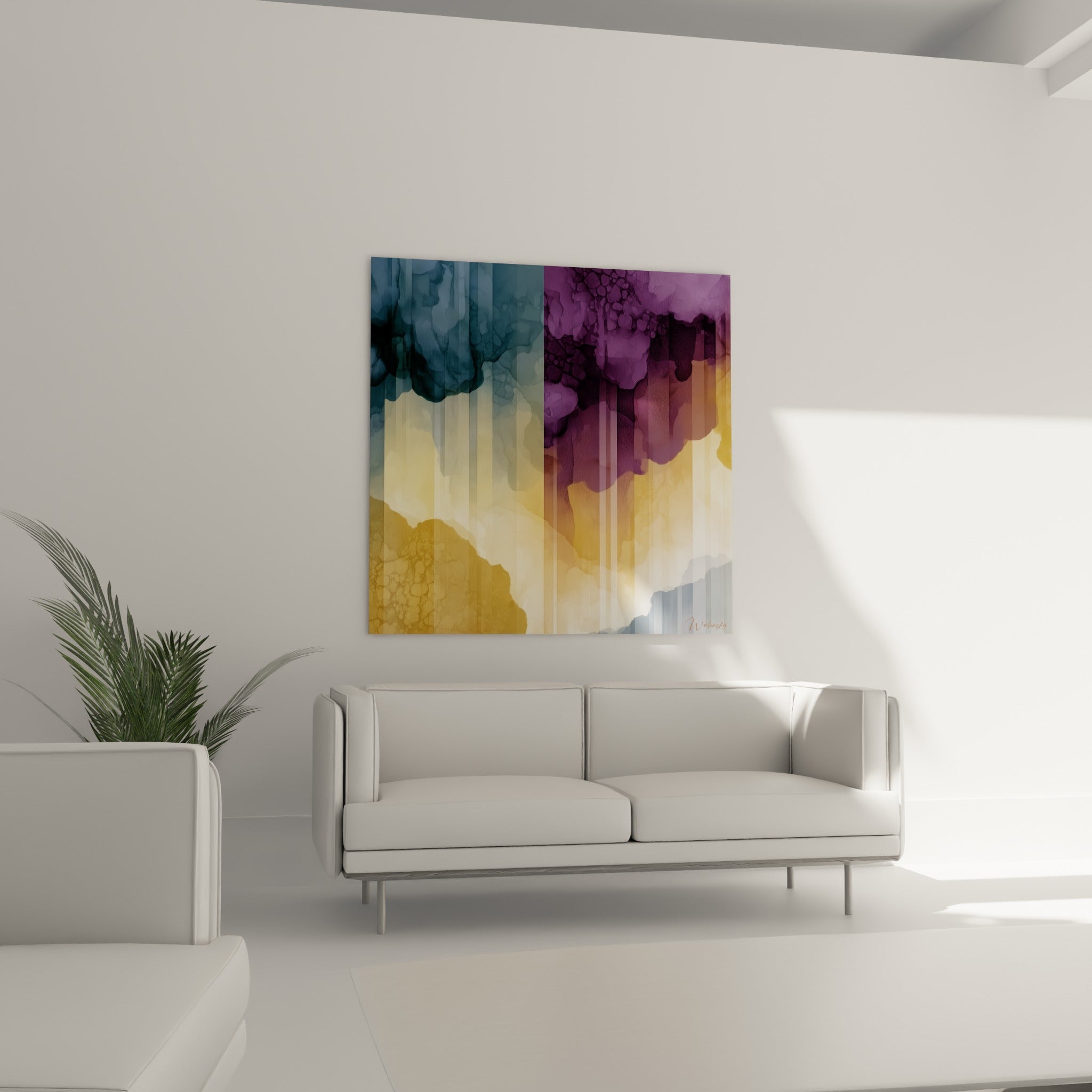 Encre fluide dorée et violette aux textures granuleuses, au-dessus d'un canapé dans un salon lumineux