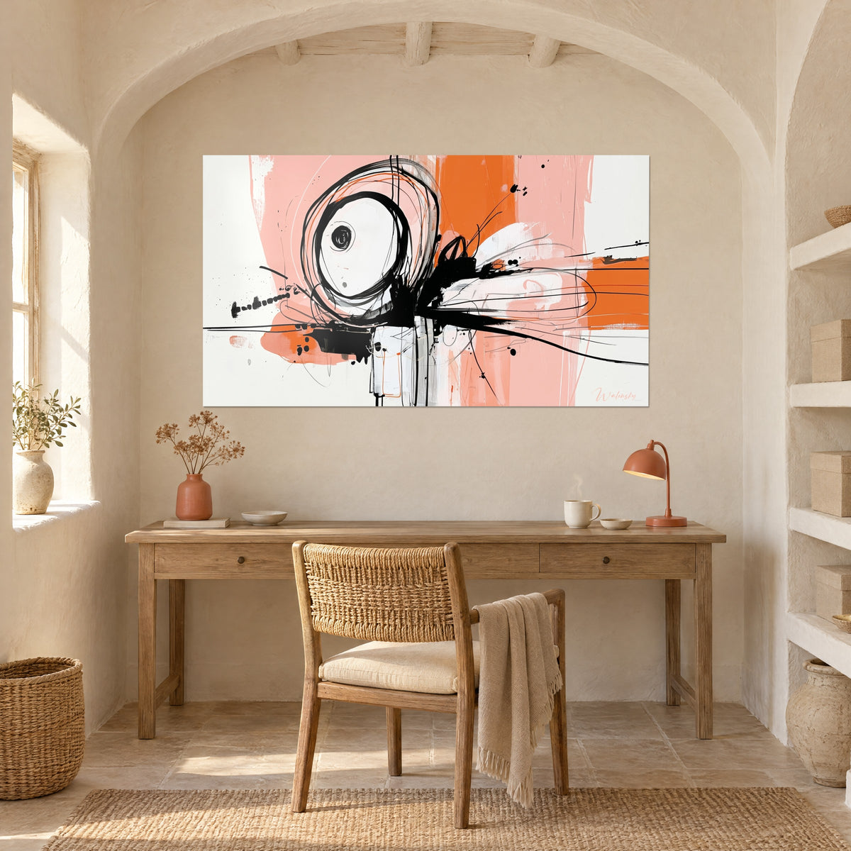 Cuadro con salpicaduras de tinta negra sobre rosa coral y blanco, encima de un escritorio de madera clara, lámpara de terracota y silla trenzada