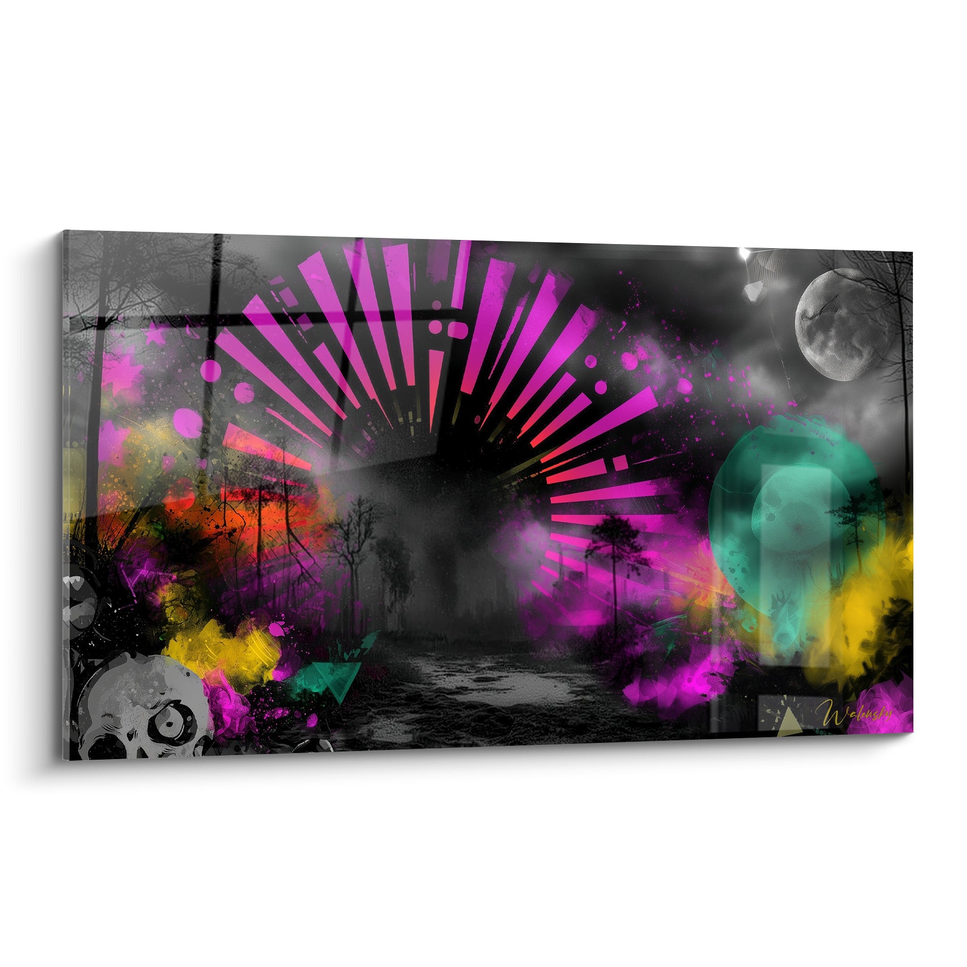 Éventail magenta et forêt grise nocturne avec lune argentée et crâne graphique blanc