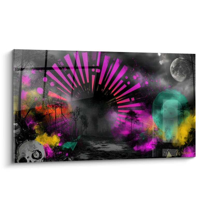 Tableau Éventail magenta et forêt nocturne grise - Portail nocturne - Edition Artistique abstrait