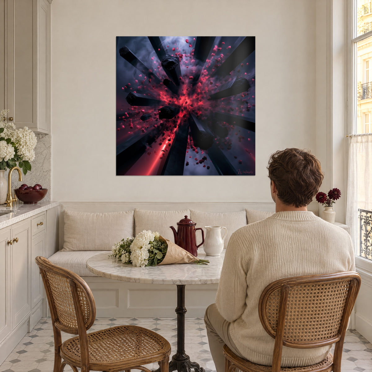 Wall art incandescent carmine blast at the heart of dark beams, man seated at a table seen from behind, in an ivory Haussmann kitchen