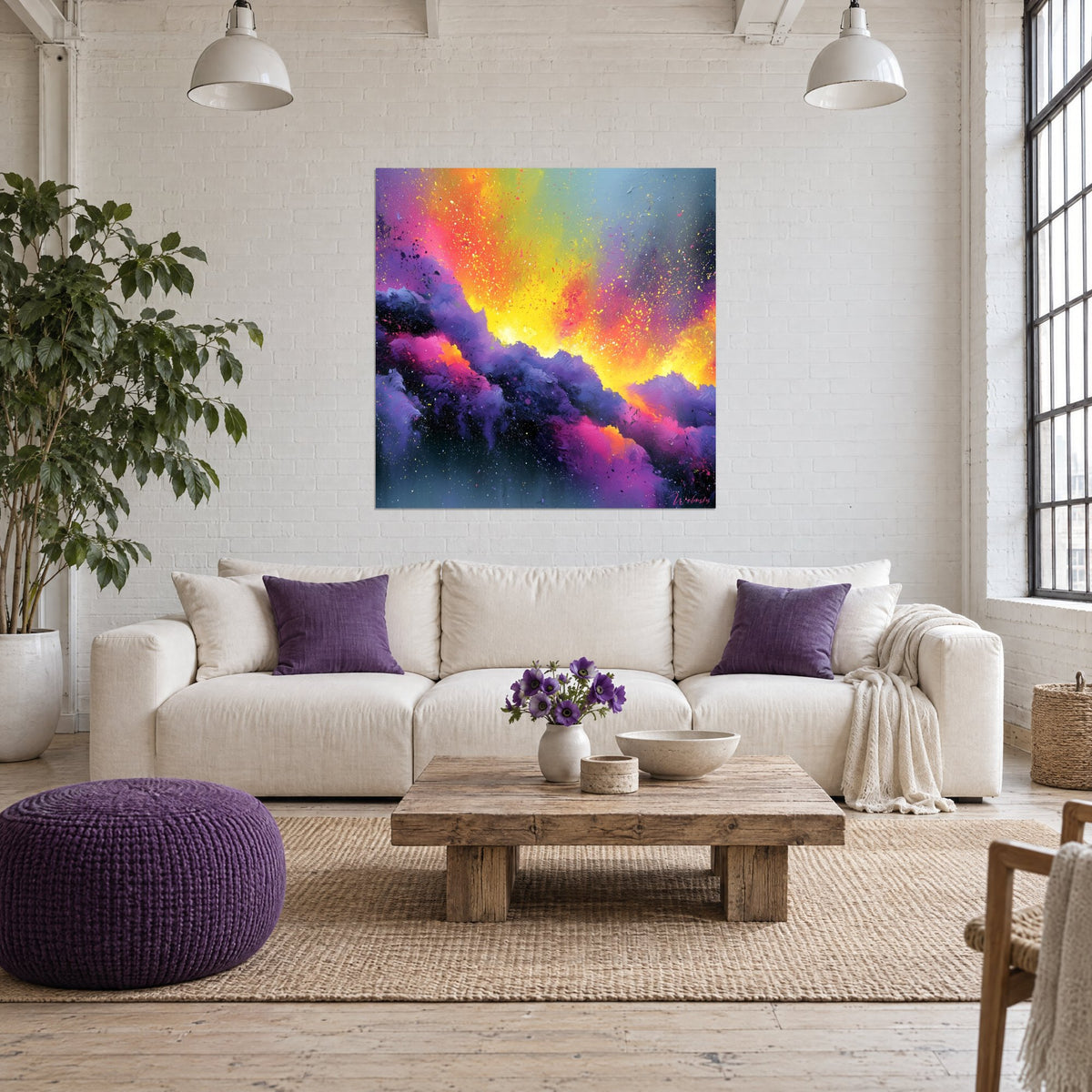 Gemälde einer Nebelexplosion in Zitronengelb und Fuchsiapink, Wolkenkamm in Violett, über einem Sofa in einem hellen Wohnzimmer