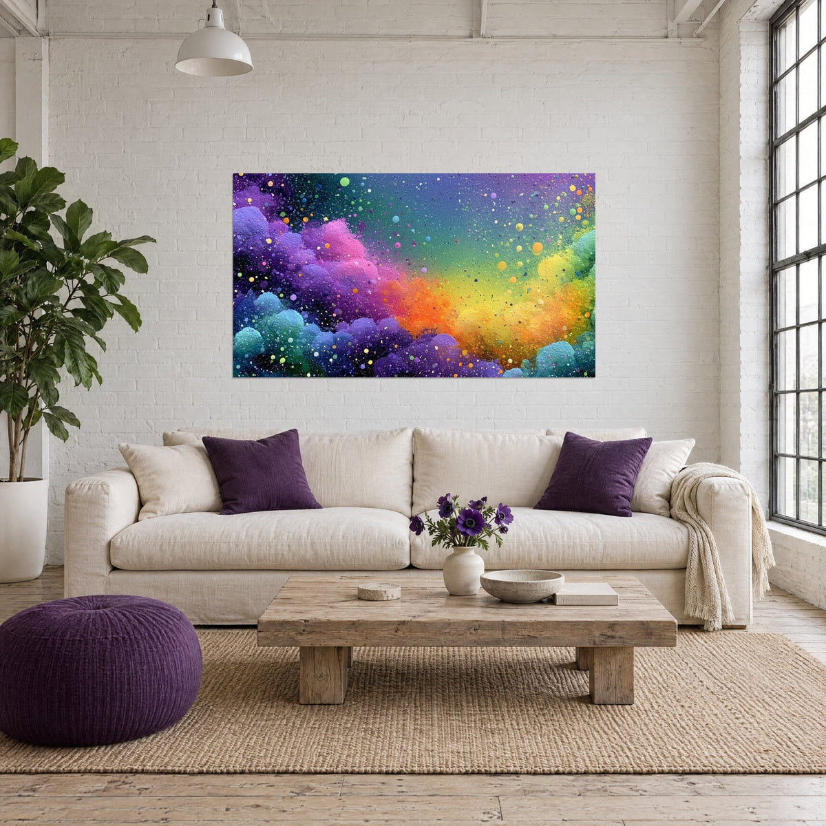 Quadro nebulosa in schegge viola, arancioni e gialle, polvere di stelle materica, sopra un divano in un soggiorno luminoso