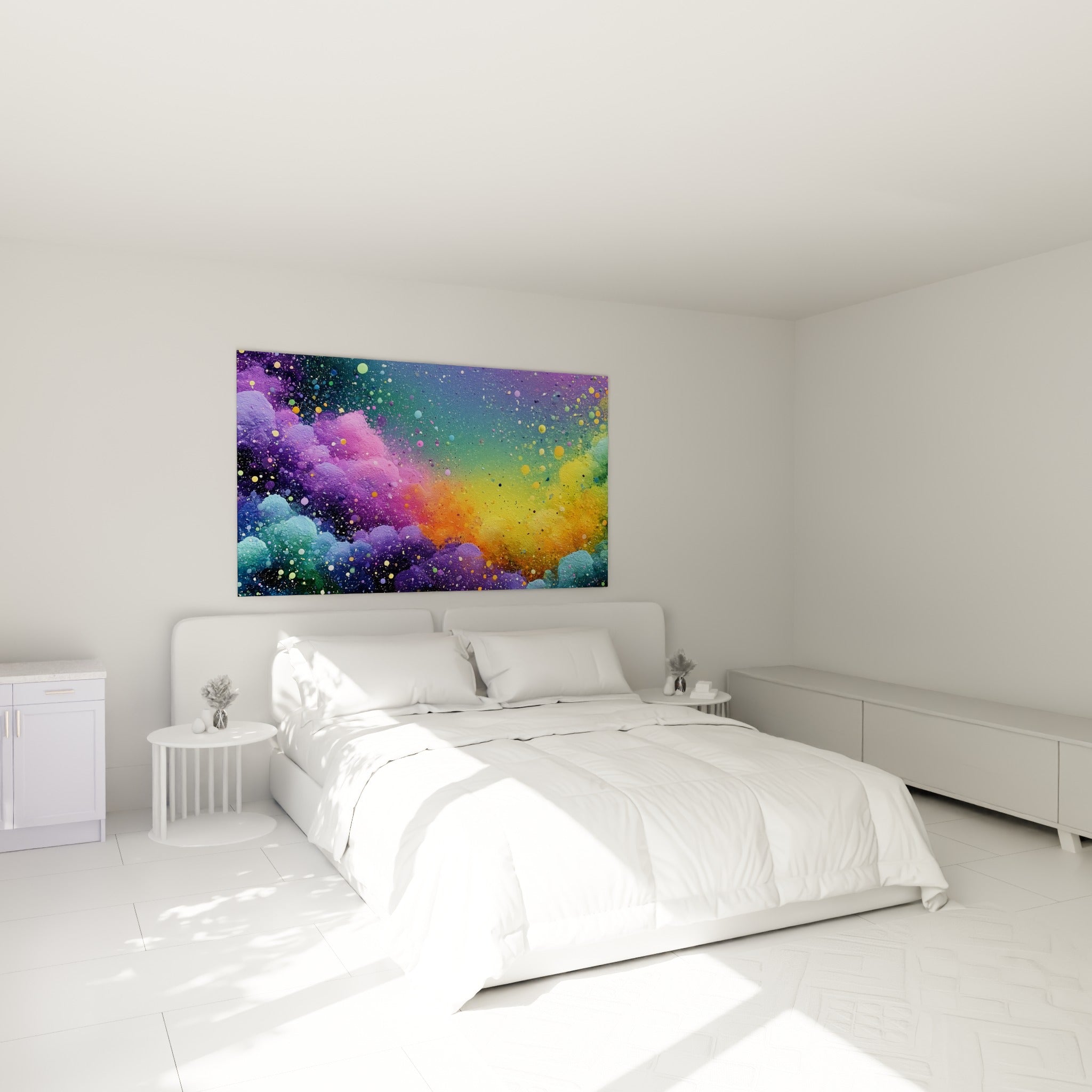 Explosion cosmique violette et dorée au-dessus d'un lit dans une chambre claire et lumineuse