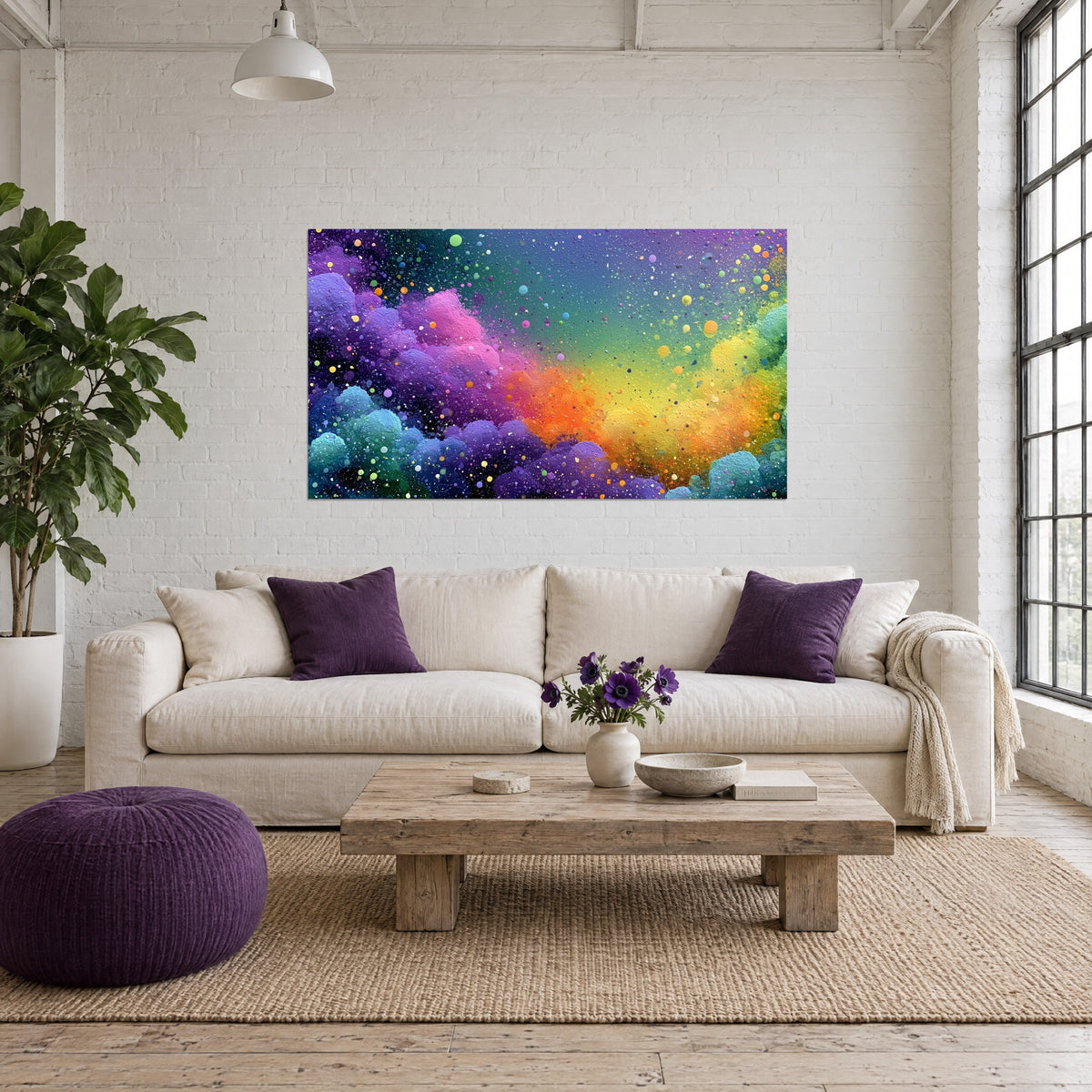 Gemälde Nebel in violetten, orangen und gelben Splittern, strukturierter Sternenstaub, über einem Sofa in einem hellen Wohnzimmer