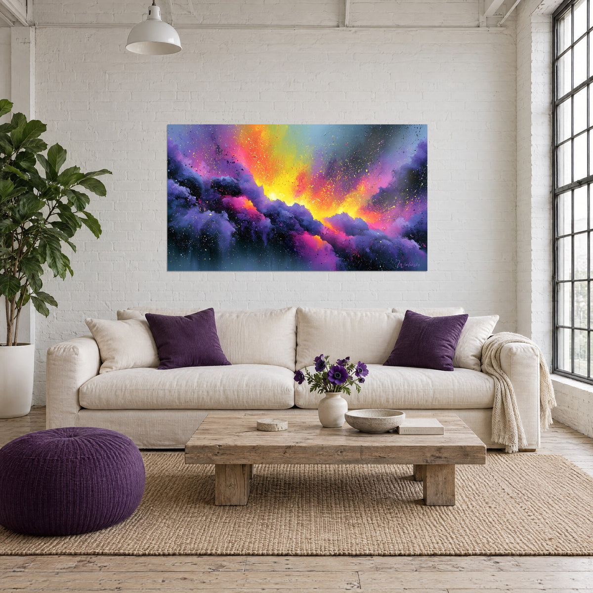 Wall art violet nebula with yellow and pink splashes, incandescent diagonal rift, above a sofa in a bright living room
