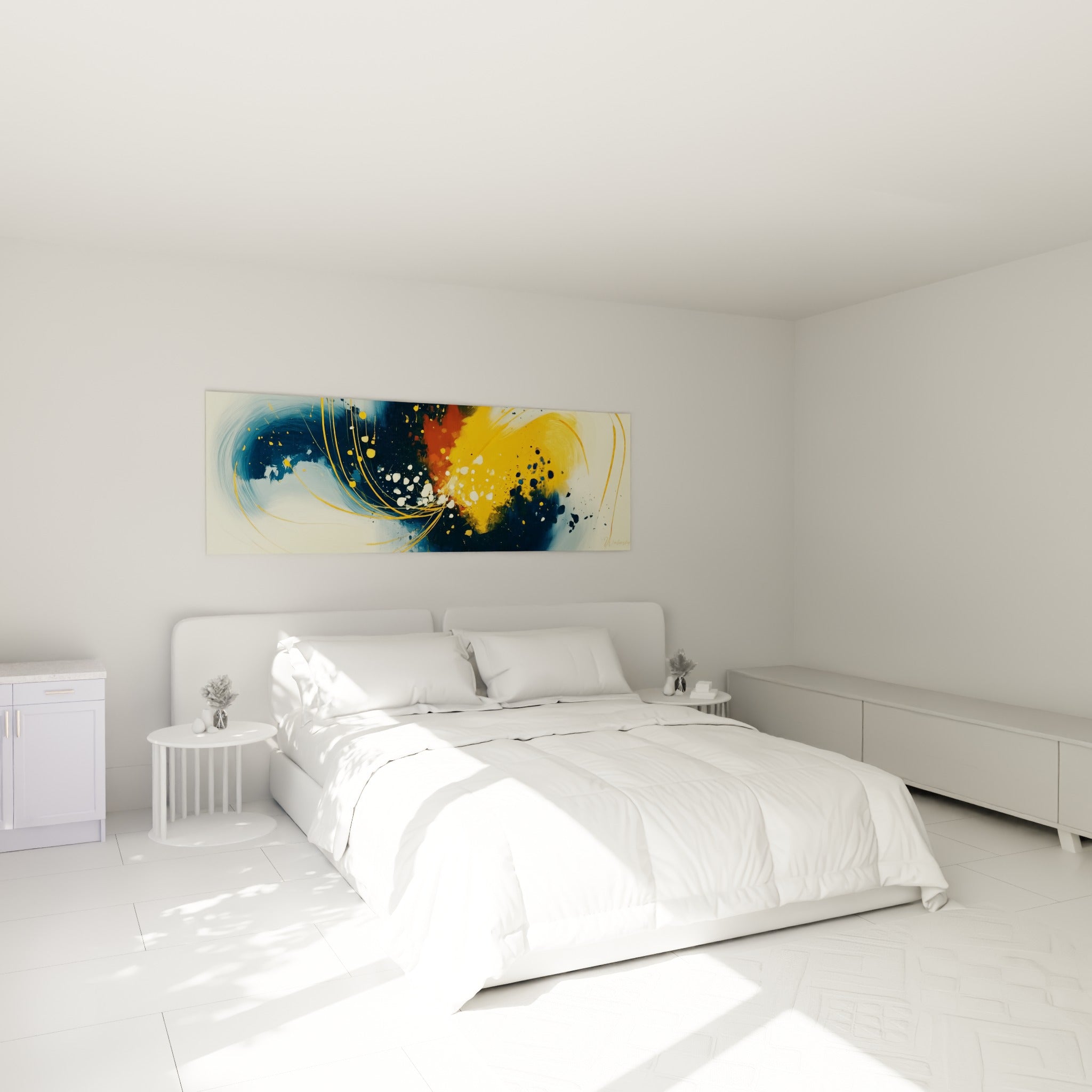 Explosion dorée et bleu marine de ce tableau artistique abstrait au-dessus d'un lit dans une chambre claire