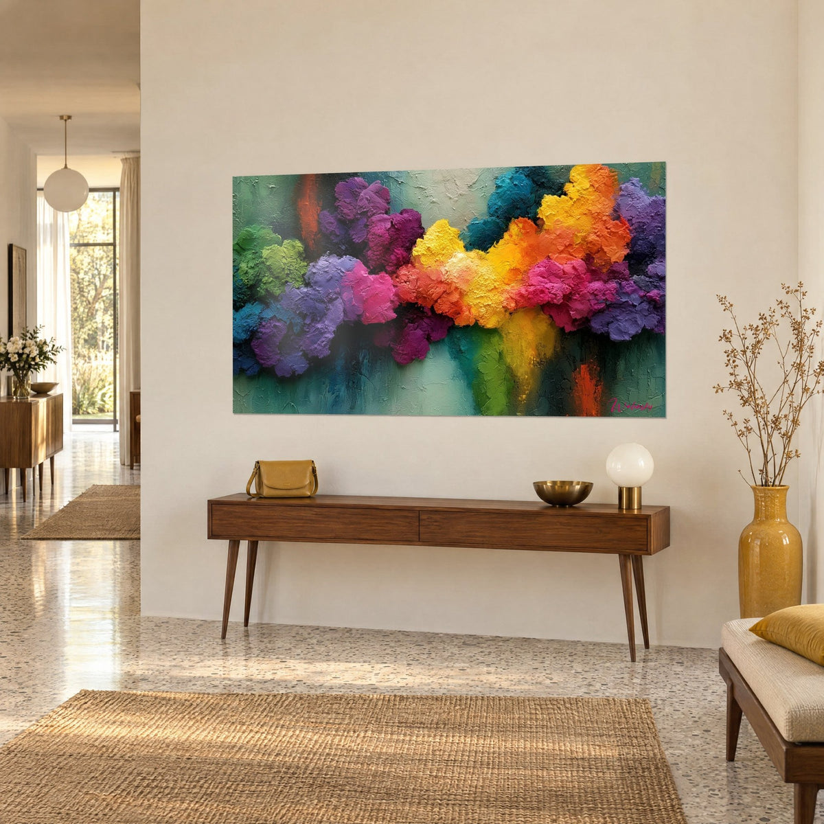 Tableau bouquet abstrait de pigments fuchsia et orange, matière épaisse, au-dessus d'une console en bois, entrée claire