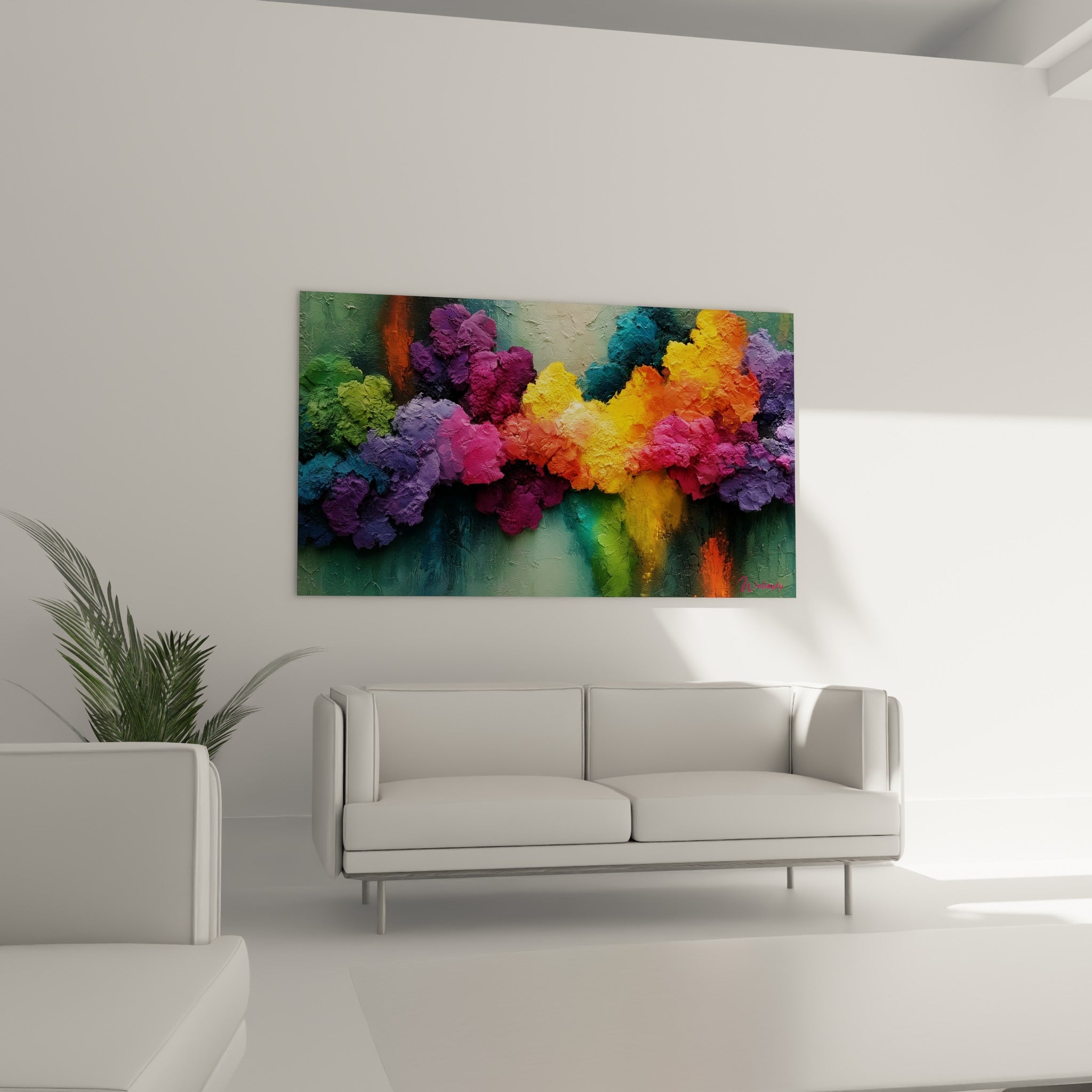 Explosion florale jaune doré et violette du tableau artistique abstrait, au-dessus d'un canapé dans un salon lumineux