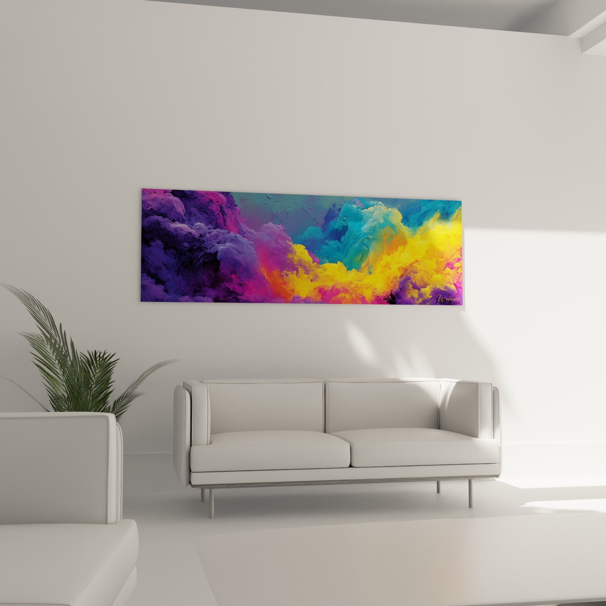 Fumée colorée magenta et jaune d'un tableau abstrait suspendue au-dessus d'un canapé dans un salon lumineux