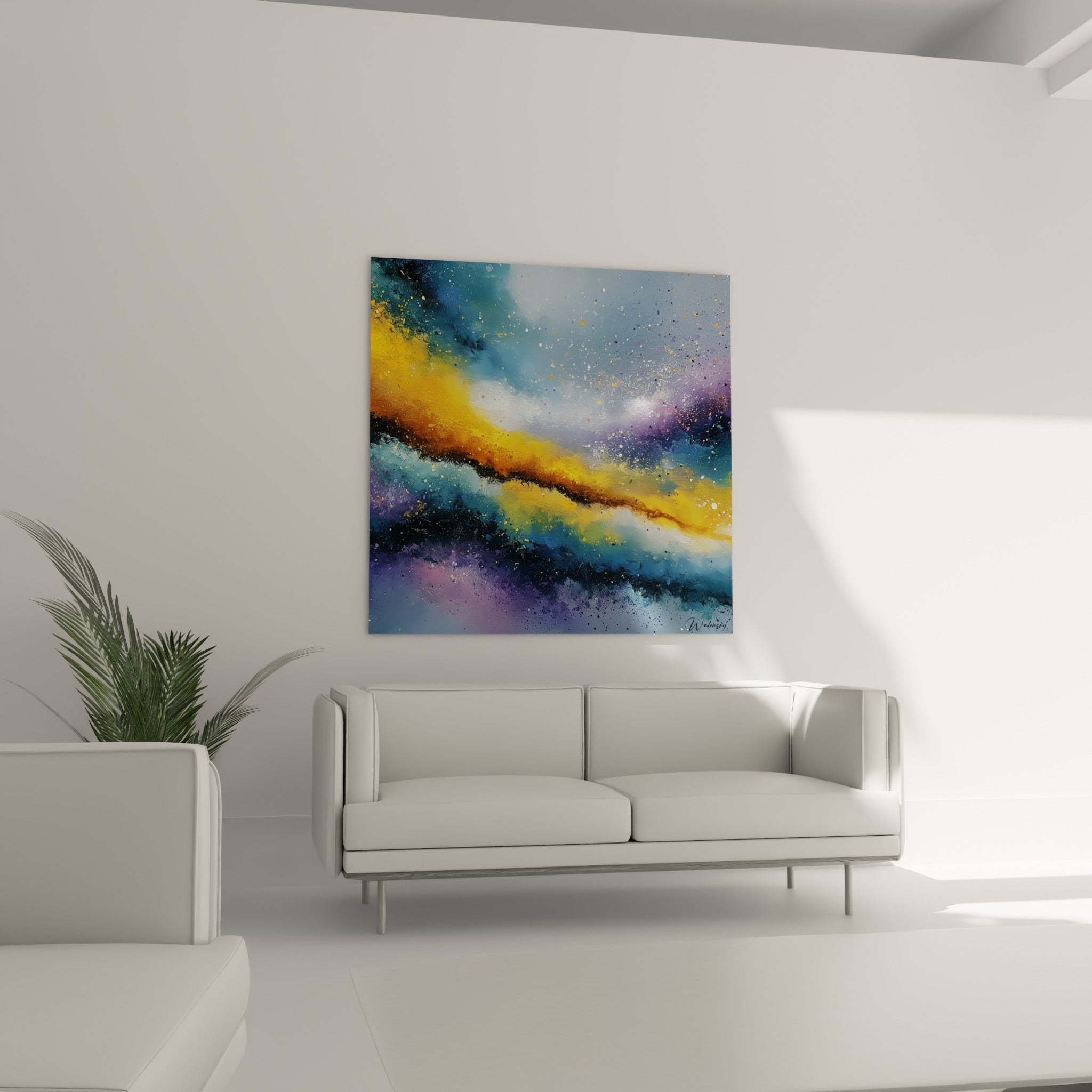 Explosion céleste ocre et violette d'un tableau abstrait, au-dessus d'un canapé dans un salon lumineux