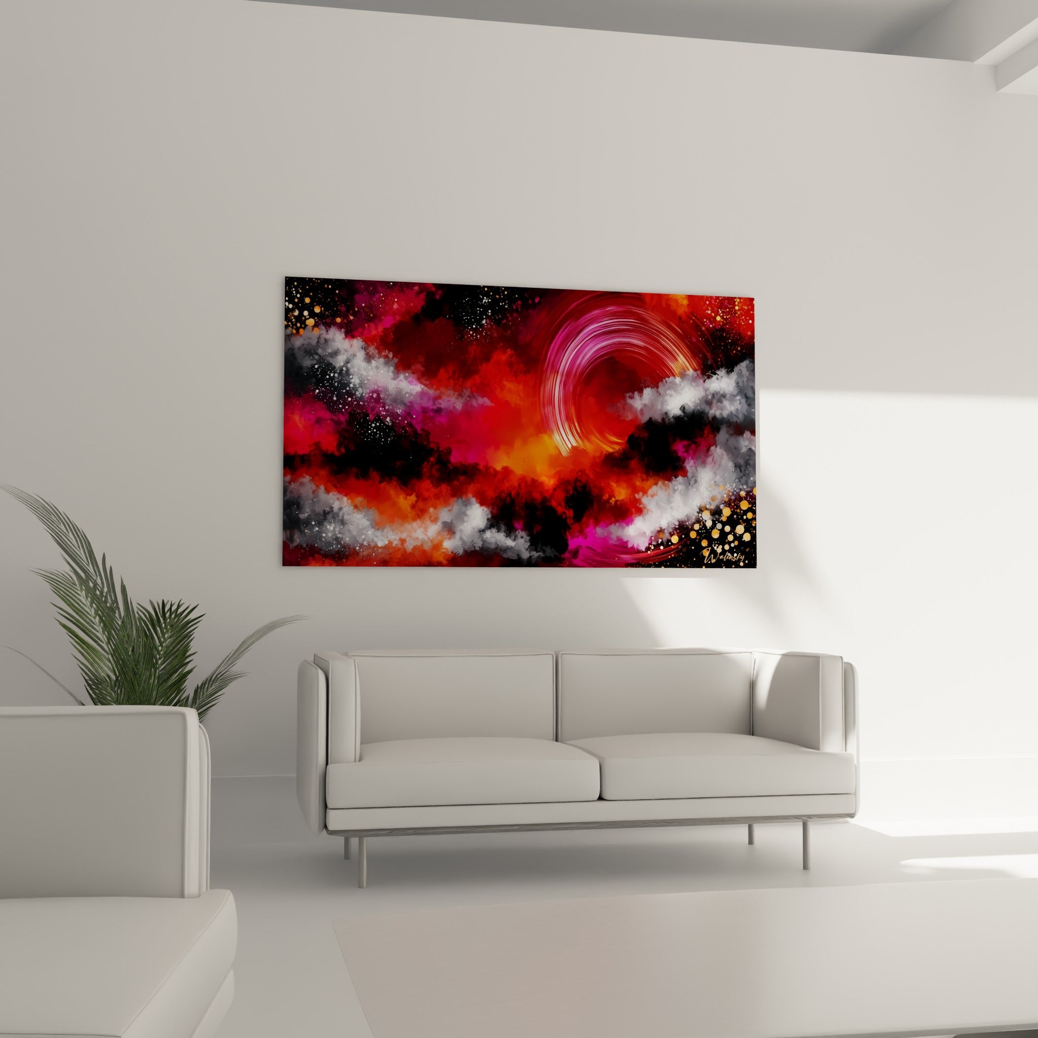 Explosion orange et rouge traversée de nuages gris, au-dessus d'un canapé dans un salon lumineux