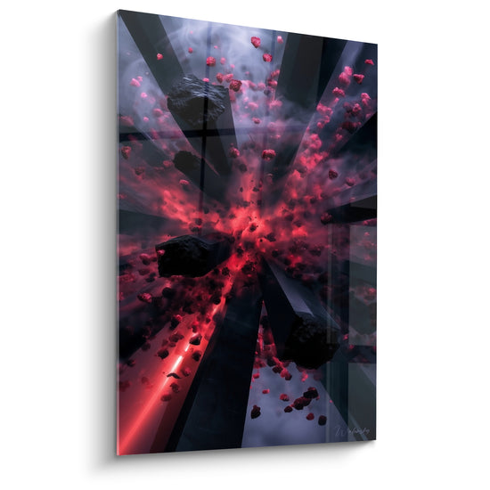 Explosion rouge et anthracite fragmentée, éclats minéraux noirs suspendus dans une lumière incandescente