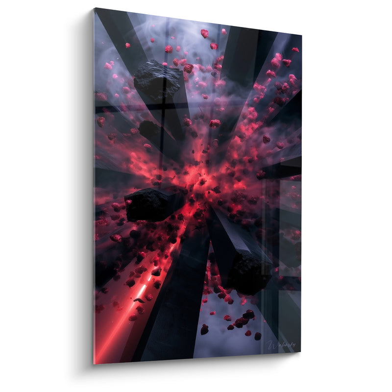 Tableau Astéroïdes noirs et rouges en éclatement - Fragments rocheux en vol - Edition Artistique abstrait