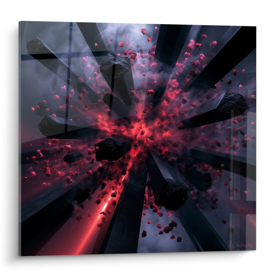Explosion rouge fauve et anthracite figée, éclats en suspension dans une composition artistique abstraite