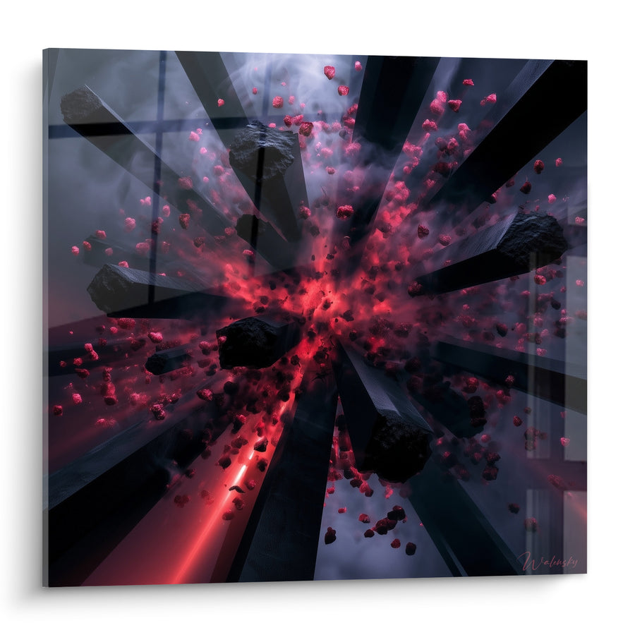 Explosion rouge et anthracite aux éclats suspendus - Onde de choc - Édition Artistique abstraite