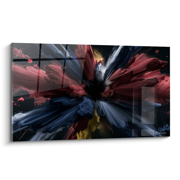 Floral Explosion Red and Navy Blue with Black Splashes - Translucent Glass Fragments - Artistic Abstract Edition