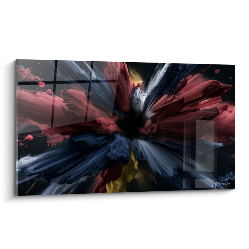 Tableau Explosion florale rouge et bleu marine aux éclaboussures noires - Fragments de vitre translucide - Edition Artistique abstrait